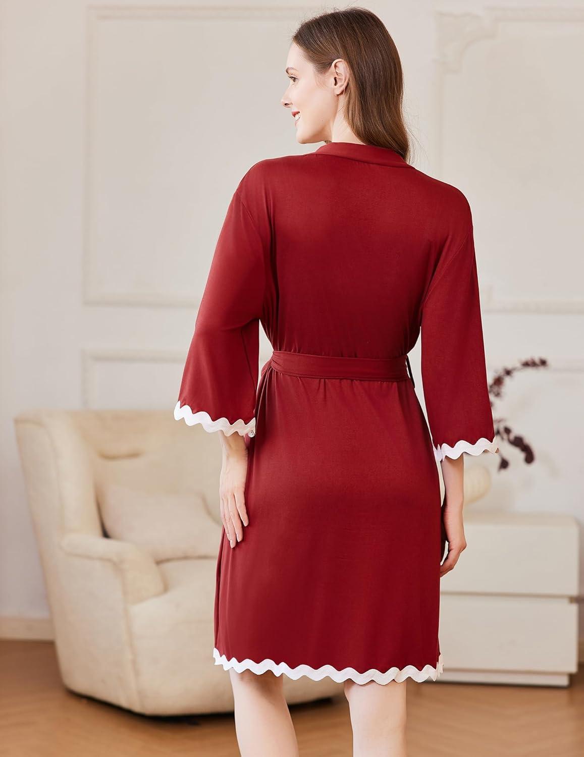 imageEkouaer Women Kimono Robe 34 Sleeves Loungewear Dress Knee Length Sleepwear Pockets Housecoat Short Bathrobe SXXLCwine Red