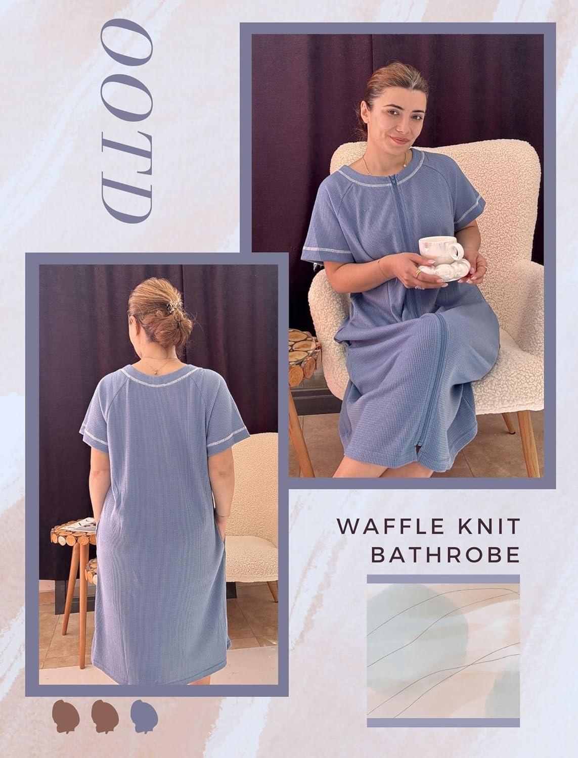imageEkouaer Women Zipper Robe Short Waffle Knit Bathrobe Lightweight Housecoat Soft Knee Length Loungewear with Pockets Navy Blue S