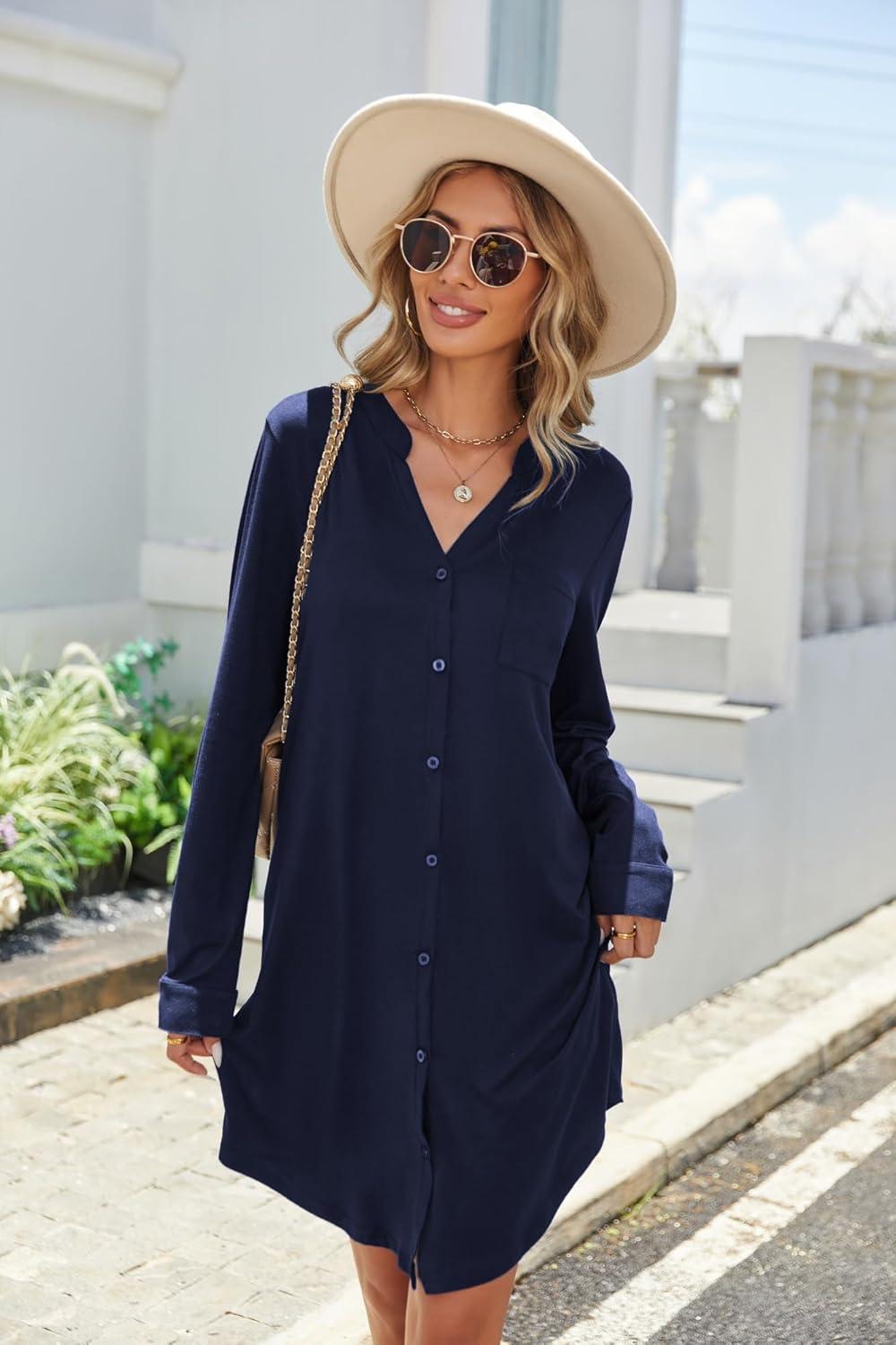 imageEkouaer Womens Button Down Nightgown Long Sleeves Sleepwear V Neck Nightgowns for WomenNavy Blue