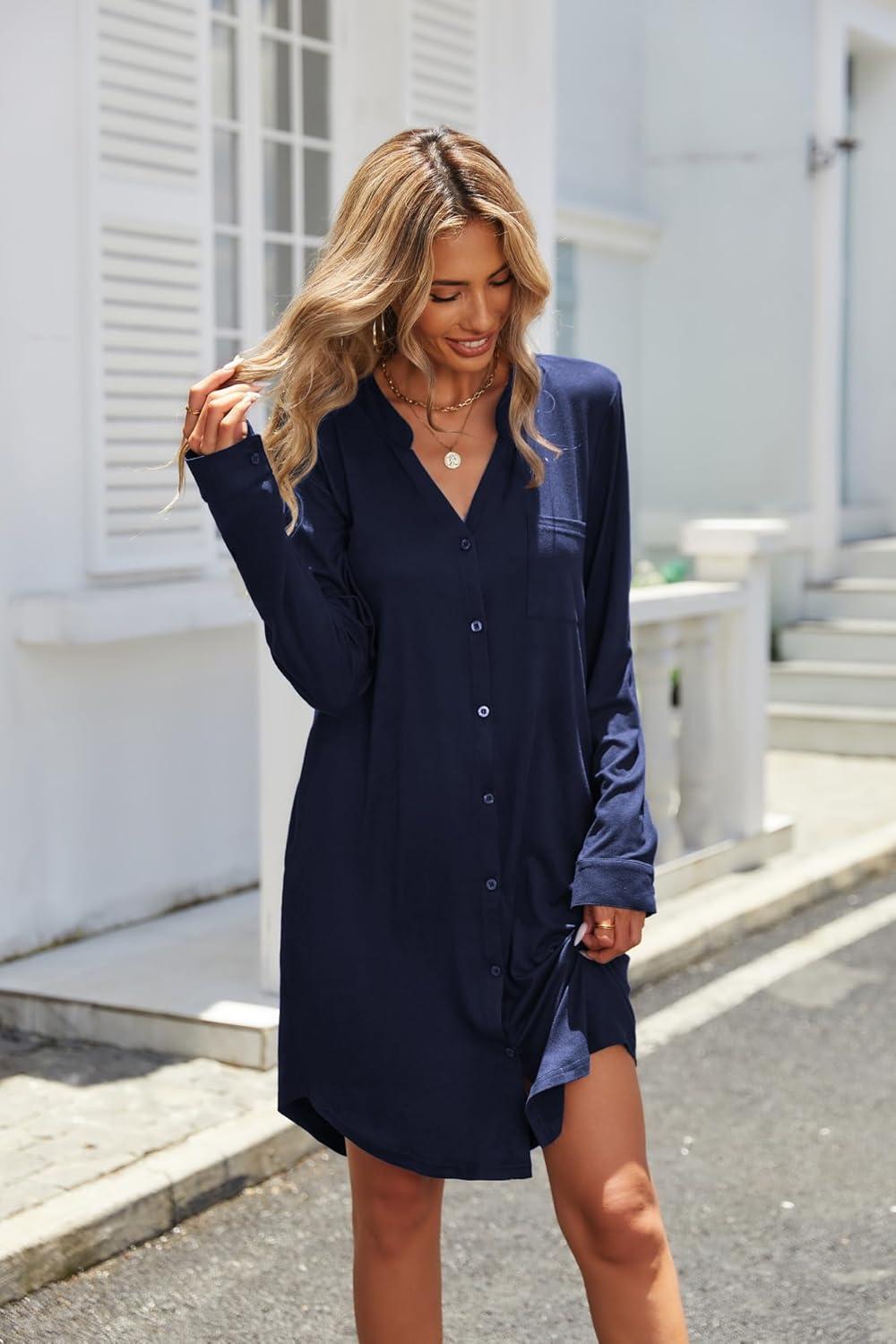 imageEkouaer Womens Button Down Nightgown Long Sleeves Sleepwear V Neck Nightgowns for WomenNavy Blue