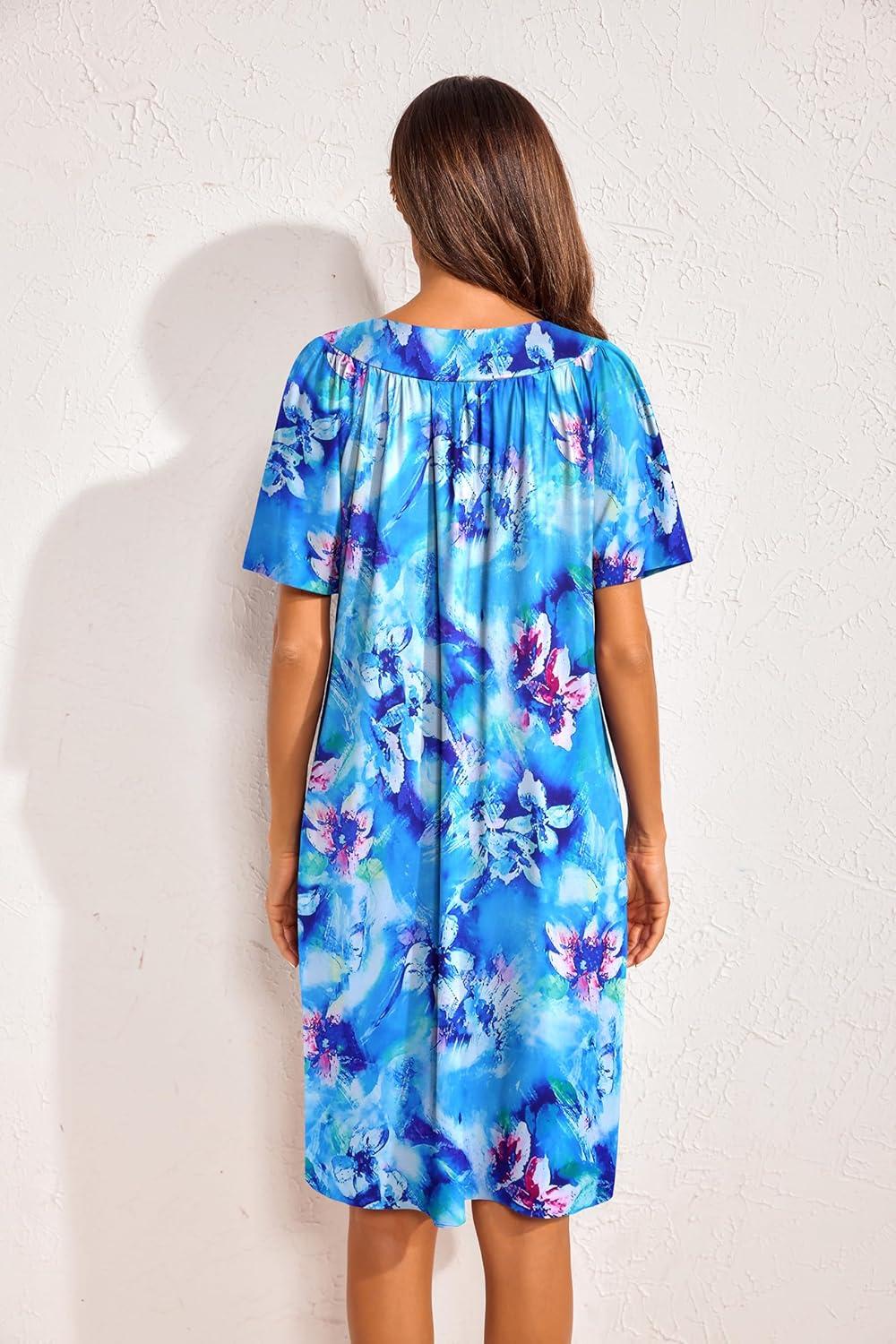 imageEkouaer Womens House Dress Floral Print Moo Moos Nightgowns Moomoo Dresses Mumus with PocketsFloral Blue