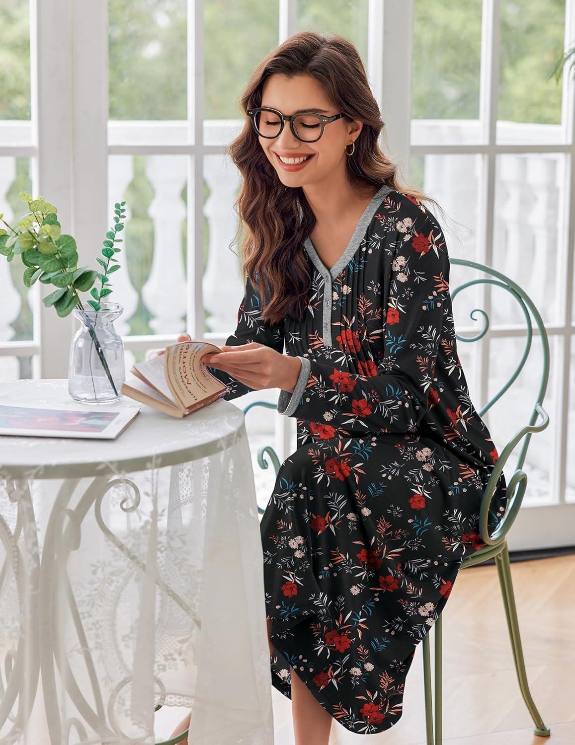 imageEkouaer Womens Long Sleeve Nightgown Full Length Sleepwear Long Sleepshirts Henley Sleep Dress S4XLBbblackfloral Print