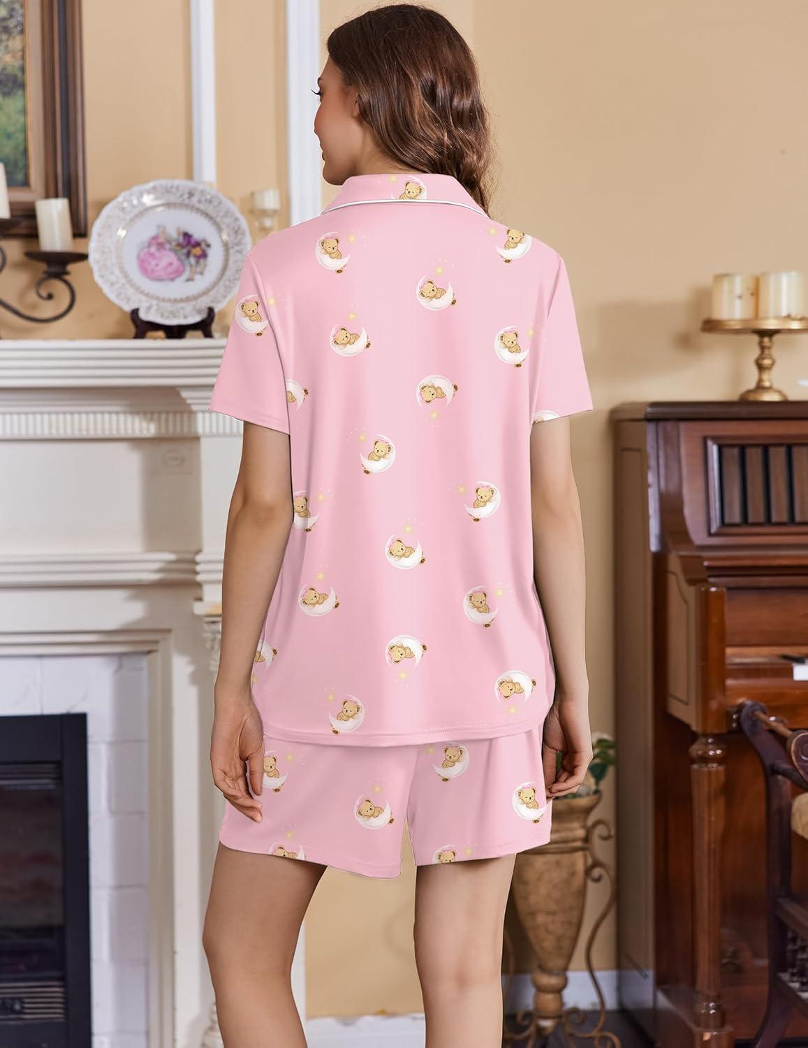 imageEkouaer Womens Maternity Nursing Pajama Sets Button Down Postpartum Pajamas Short Sleeve Breastfeeding ClothesPink Moon Teddy