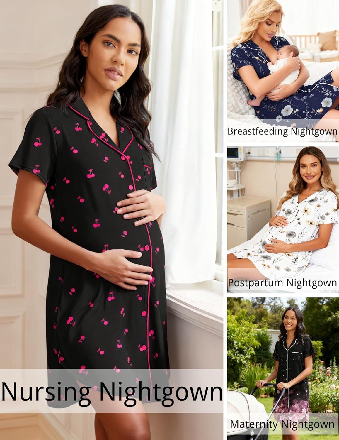 imageEkouaer Womens Nightgown Button Down Night Gowns Short Sleeve Sleepshirt V Neck Nightshirt Soft Sleepwear SXXLBlack Rose Cherry