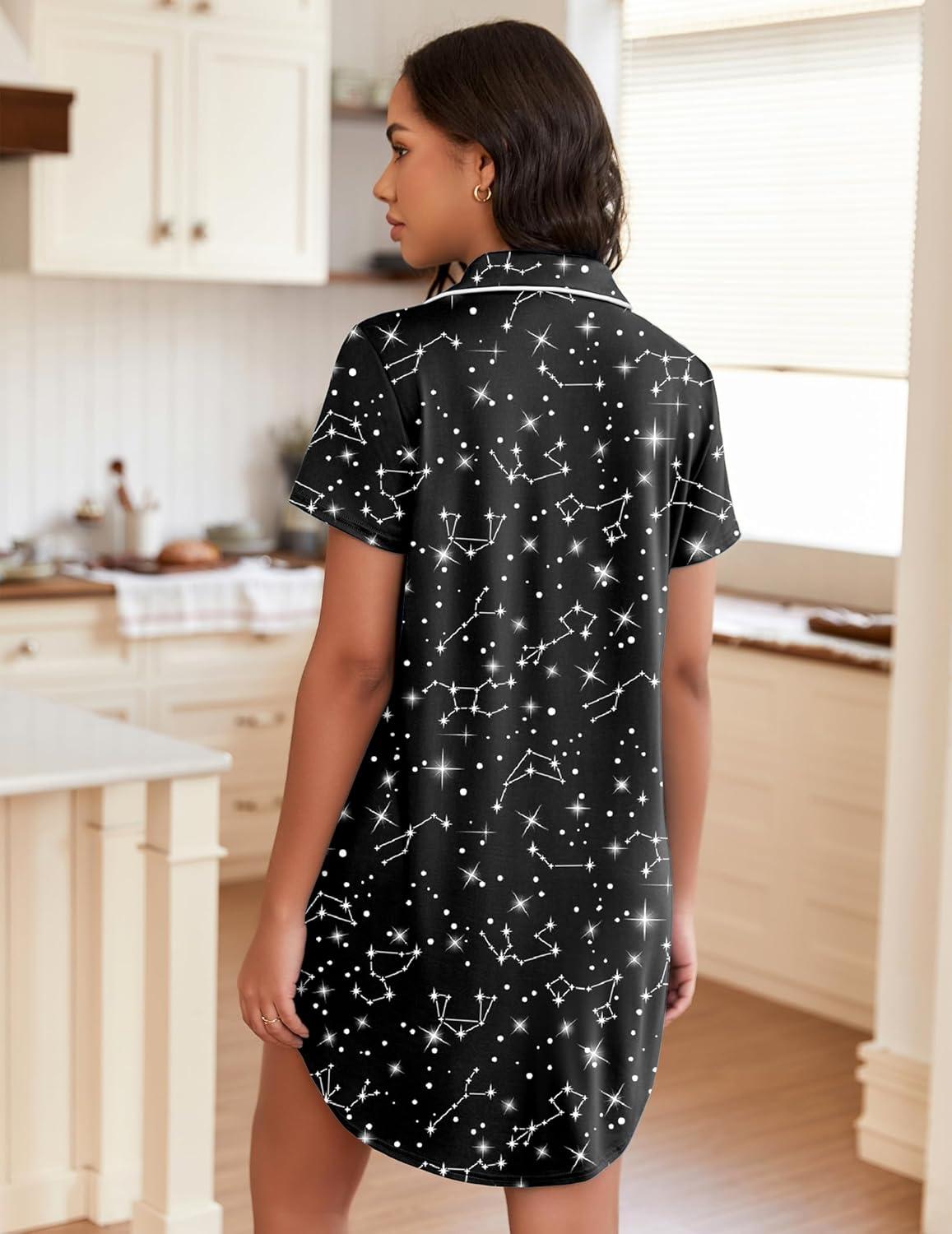 imageEkouaer Womens Nightgown Button Down Night Gowns Short Sleeve Sleepshirt V Neck Nightshirt Soft Sleepwear SXXLBlack Star