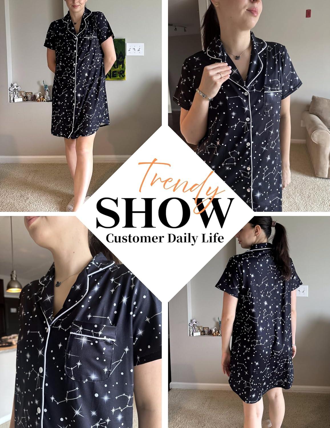imageEkouaer Womens Nightgown Button Down Night Gowns Short Sleeve Sleepshirt V Neck Nightshirt Soft Sleepwear SXXLBlack Star