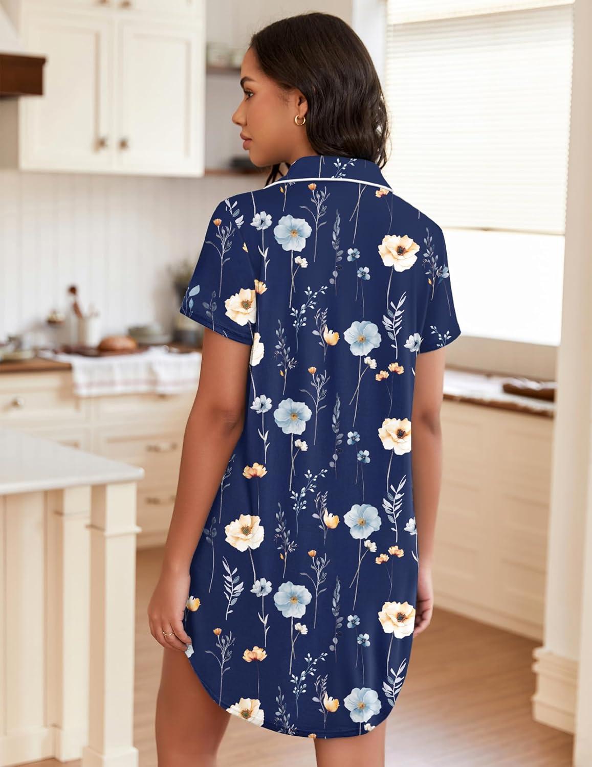 imageEkouaer Womens Nightgown Button Down Night Gowns Short Sleeve Sleepshirt V Neck Nightshirt Soft Sleepwear SXXLDark Blue Flower