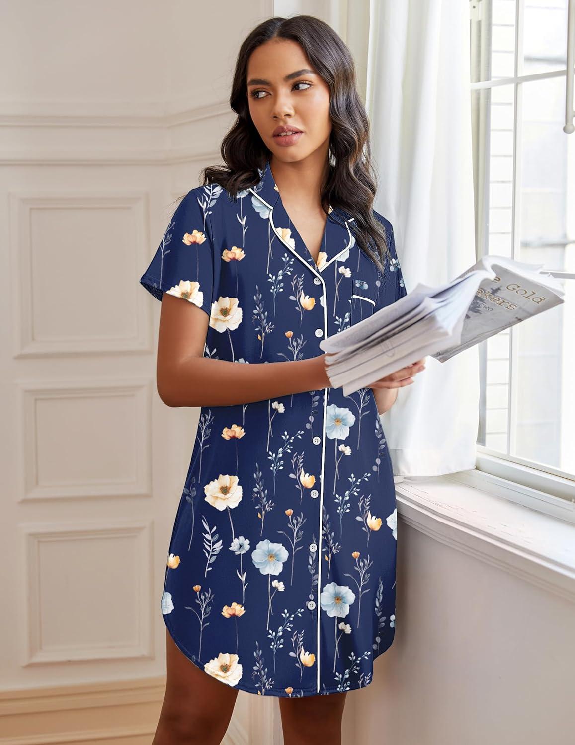 imageEkouaer Womens Nightgown Button Down Night Gowns Short Sleeve Sleepshirt V Neck Nightshirt Soft Sleepwear SXXLDark Blue Flower