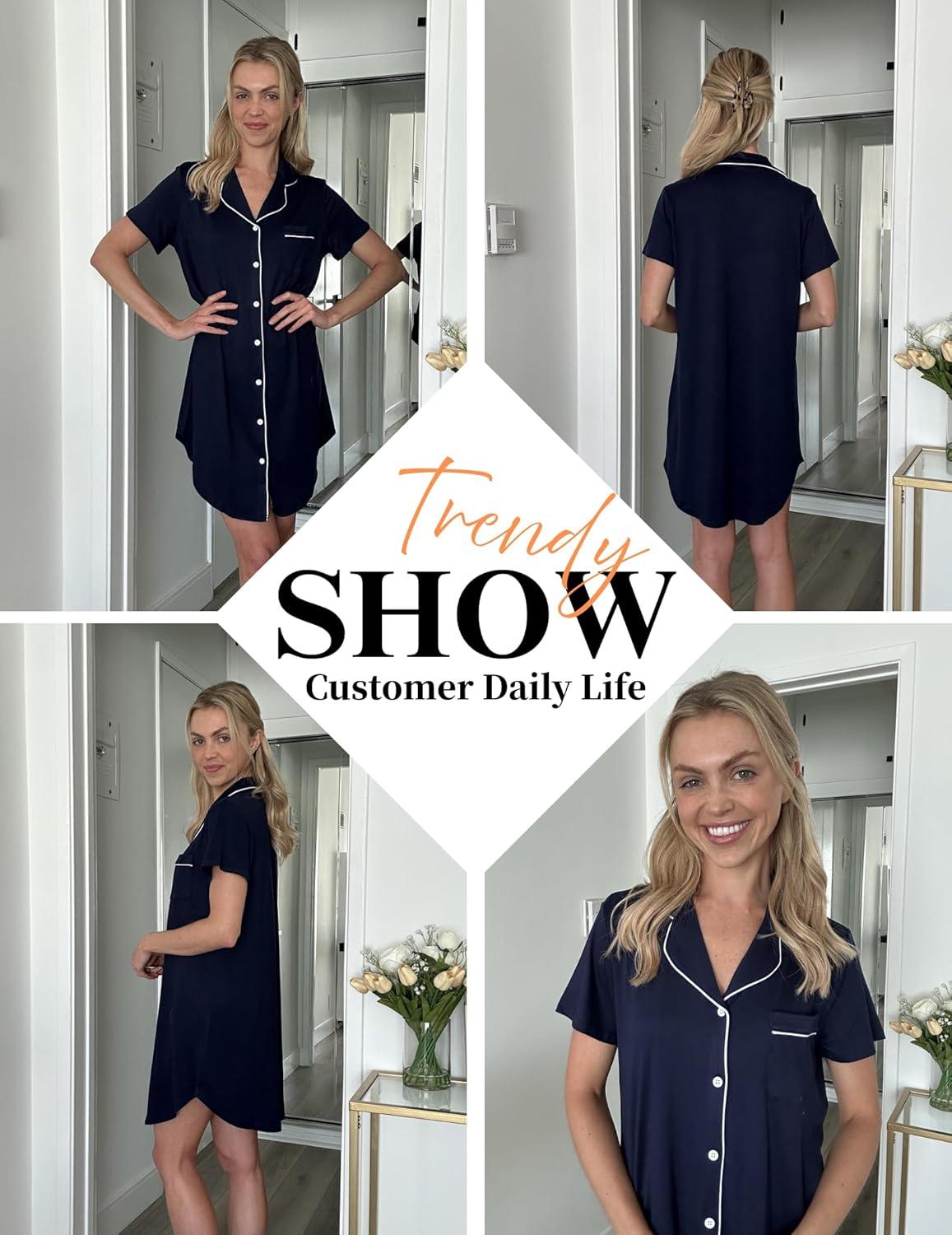 imageEkouaer Womens Nightgown Button Down Night Gowns Short Sleeve Sleepshirt V Neck Nightshirt Soft Sleepwear SXXLNavy Blue