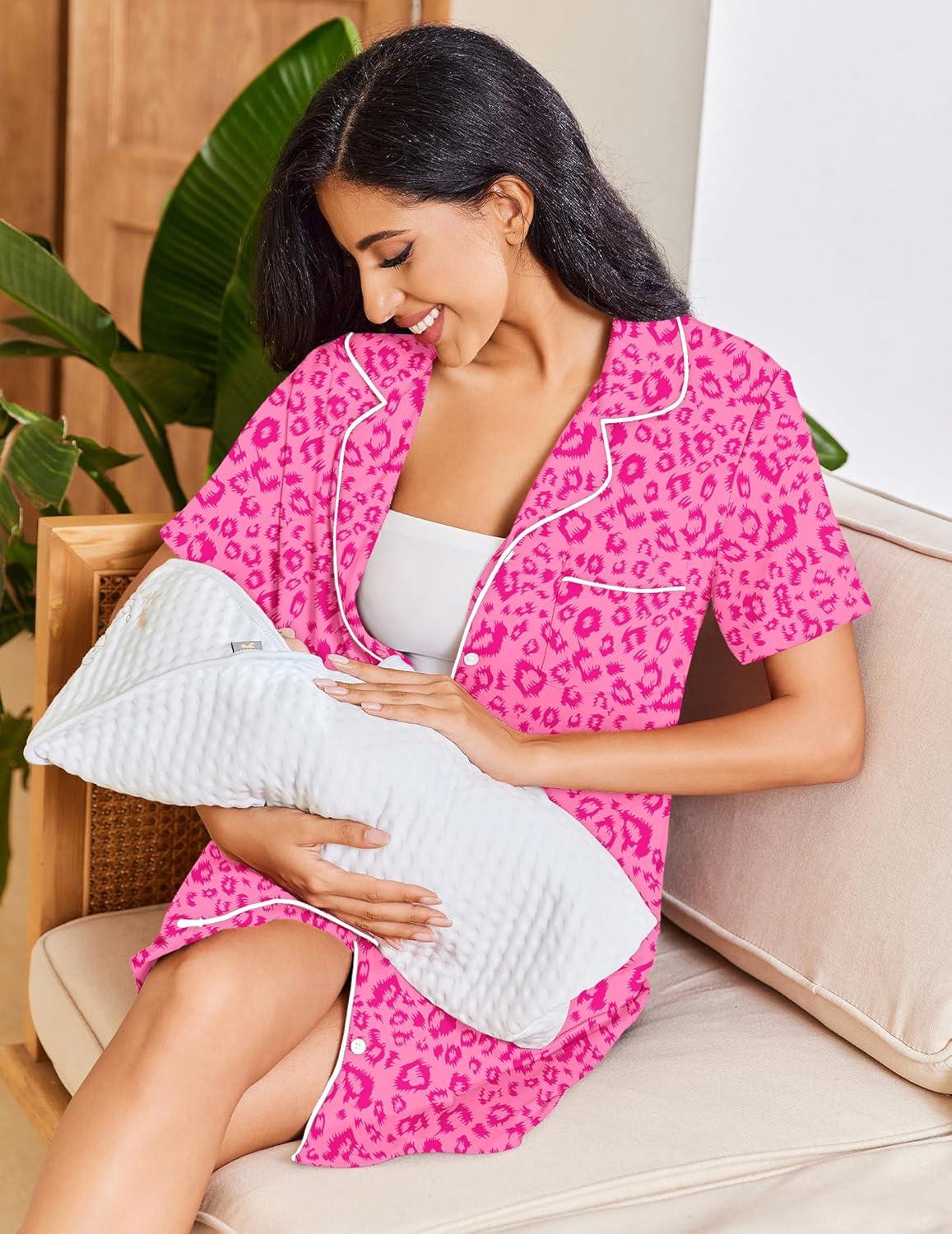 imageEkouaer Womens Nightgown Button Down Night Gowns Short Sleeve Sleepshirt V Neck Nightshirt Soft Sleepwear SXXLRose Leopard