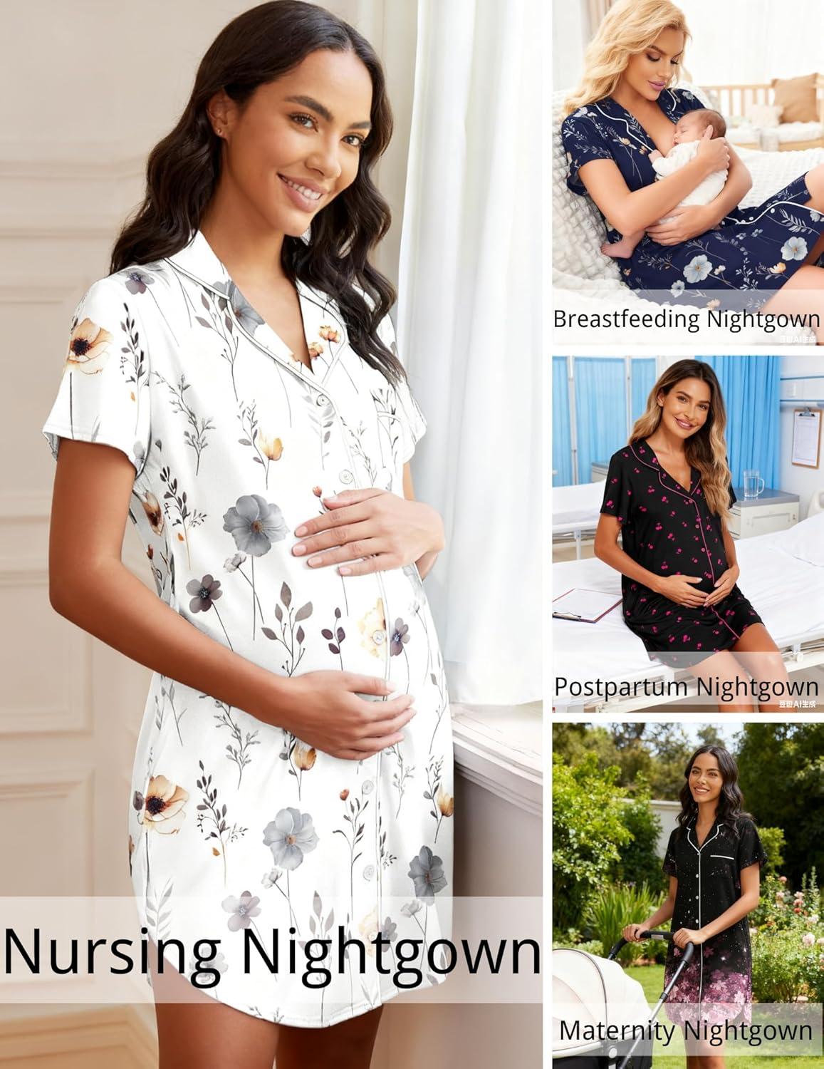 imageEkouaer Womens Nightgown Button Down Night Gowns Short Sleeve Sleepshirt V Neck Nightshirt Soft Sleepwear SXXLWhite Ash Flower