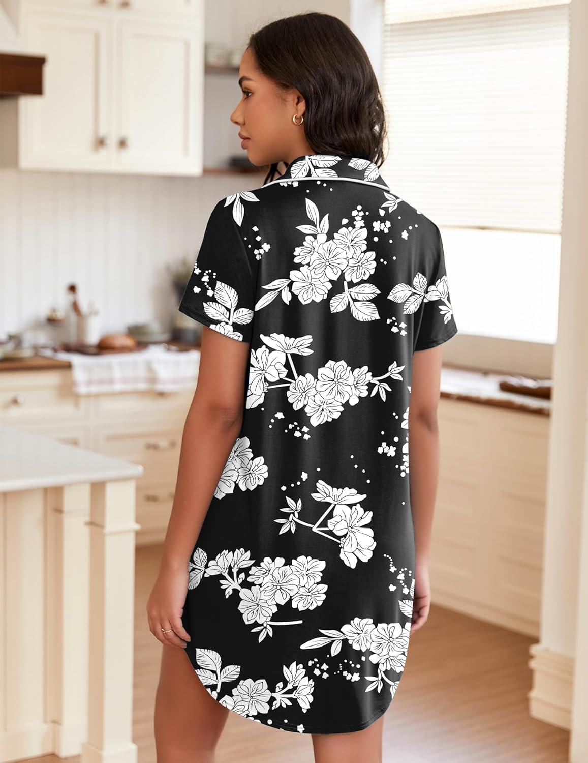 imageEkouaer Womens Nightgown Button Down Night Gowns Short Sleeve Sleepshirt V Neck Nightshirt Soft Sleepwear SXXLWhite Flower
