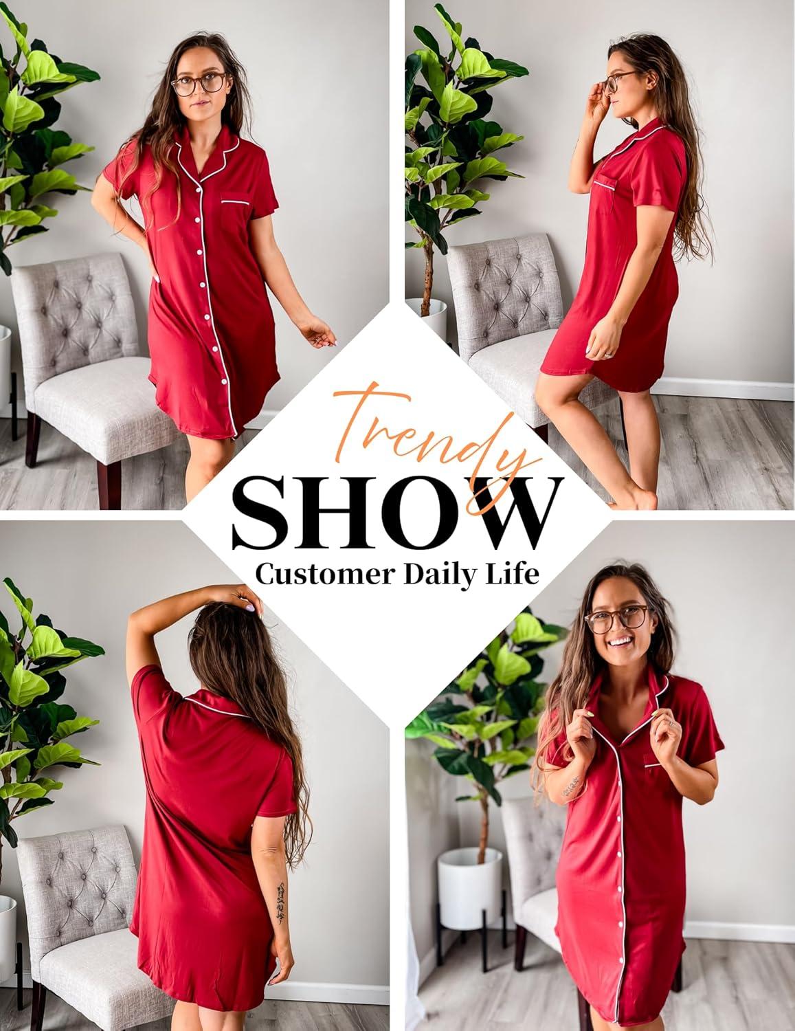 imageEkouaer Womens Nightgown Button Down Night Gowns Short Sleeve Sleepshirt V Neck Nightshirt Soft Sleepwear SXXLWine Red