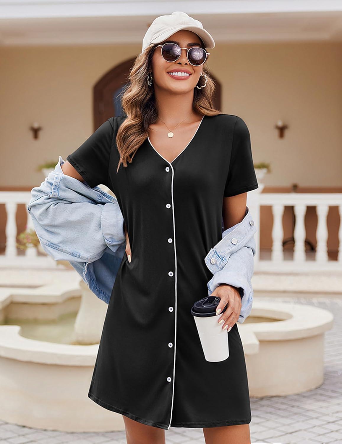imageEkouaer Womens Nightgown Button Down Nightshirt Short Sleeve Sleepshirt Soft V Neck Sleepwear Pajama DressBlack