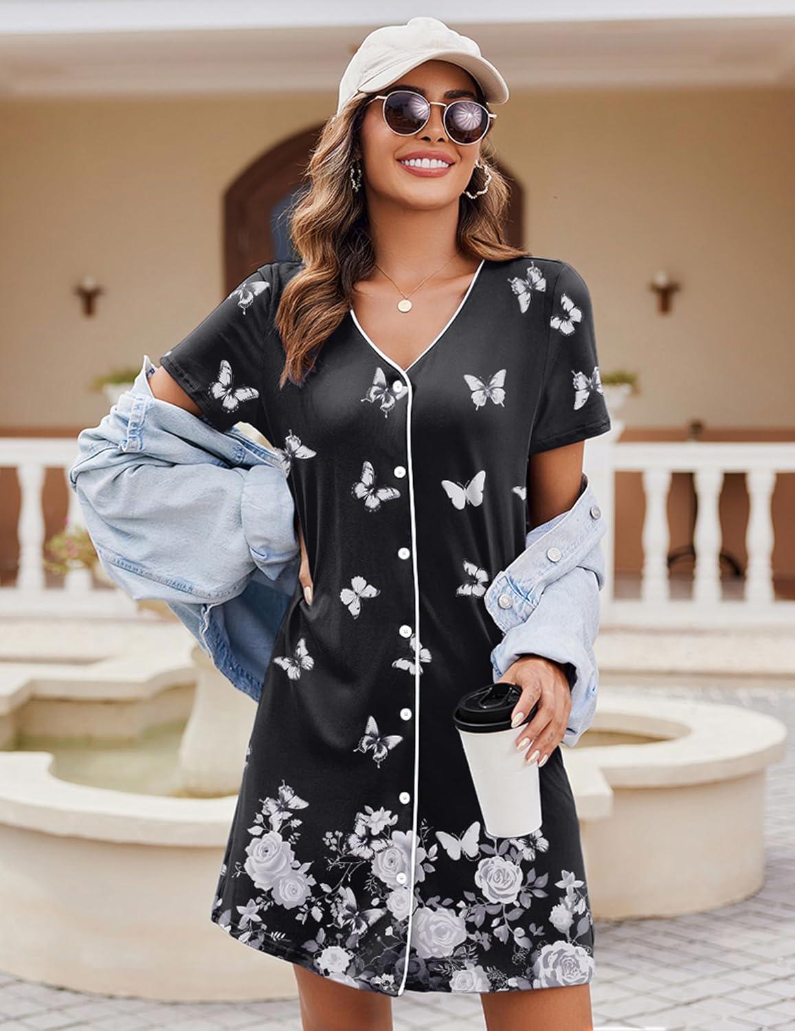imageEkouaer Womens Nightgown Button Down Nightshirt Short Sleeve Sleepshirt Soft V Neck Sleepwear Pajama DressBlack Butterflys