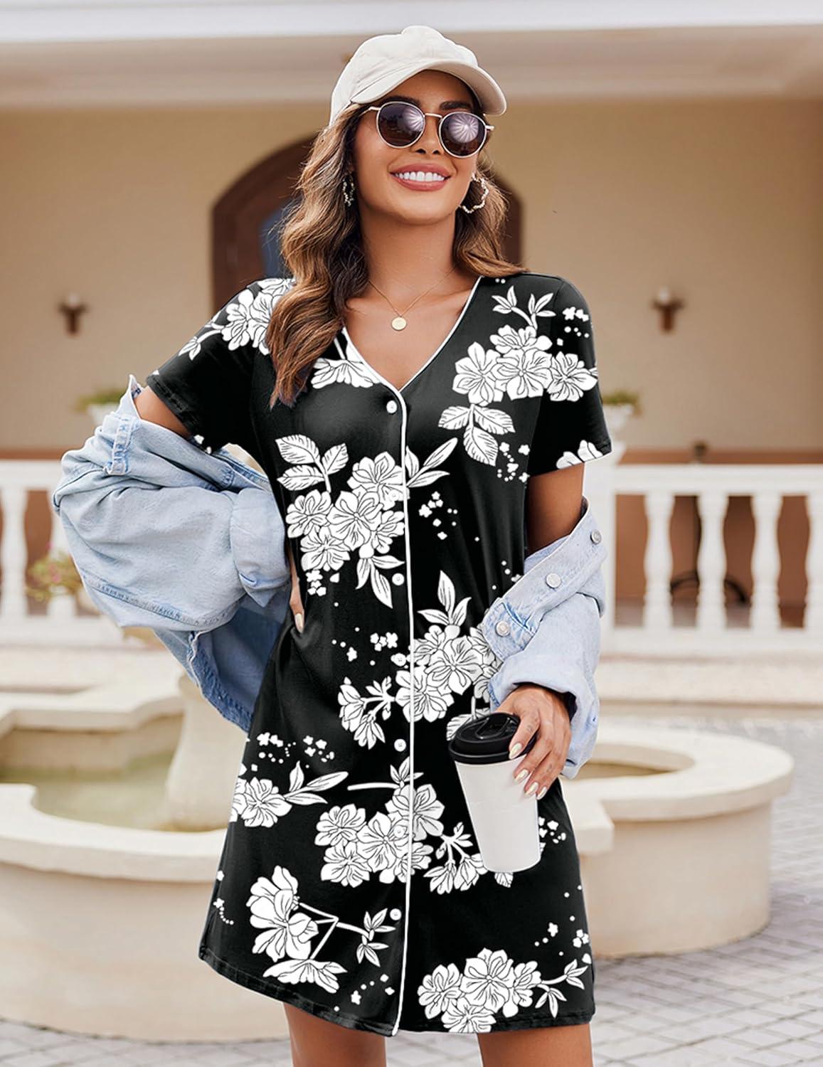 imageEkouaer Womens Nightgown Button Down Nightshirt Short Sleeve Sleepshirt Soft V Neck Sleepwear Pajama DressBlack Floral