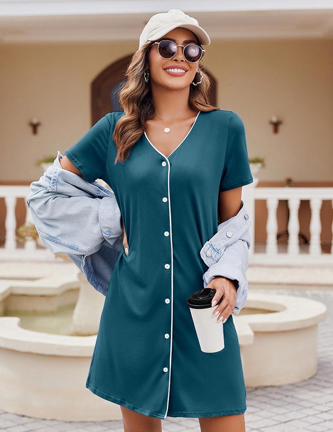 imageEkouaer Womens Nightgown Button Down Nightshirt Short Sleeve Sleepshirt Soft V Neck Sleepwear Pajama DressBlue Green