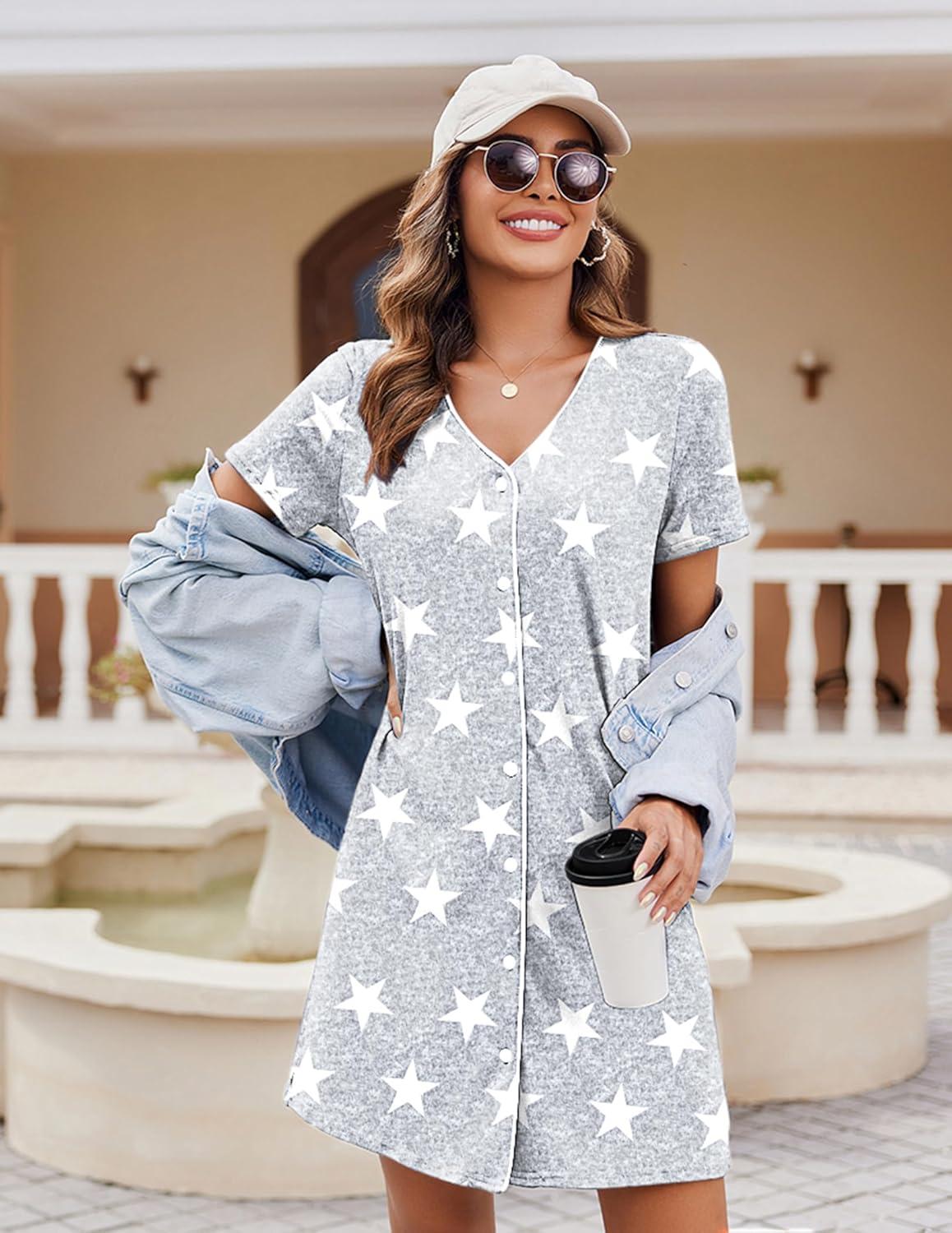 imageEkouaer Womens Nightgown Button Down Nightshirt Short Sleeve Sleepshirt Soft V Neck Sleepwear Pajama DressGrey Star
