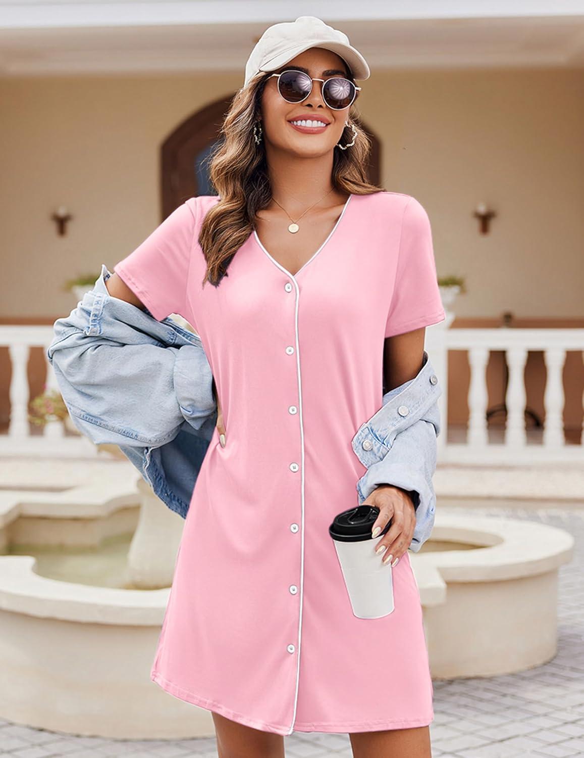 imageEkouaer Womens Nightgown Button Down Nightshirt Short Sleeve Sleepshirt Soft V Neck Sleepwear Pajama DressLight Pink