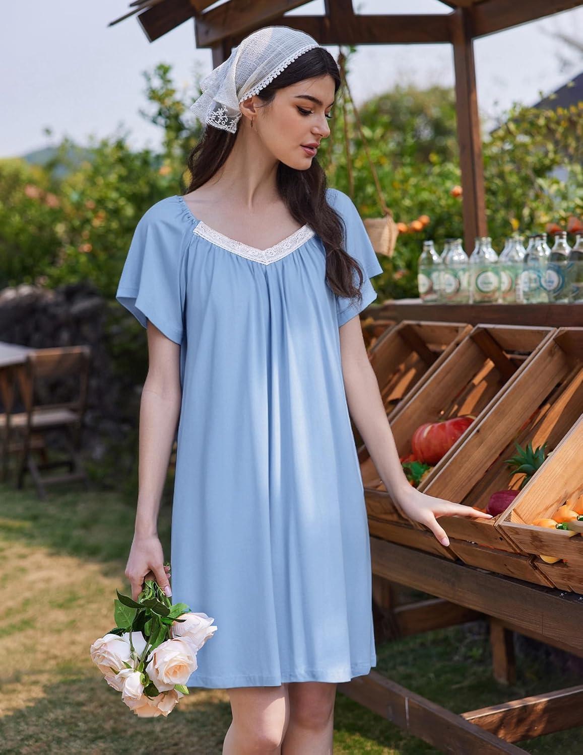 imageEkouaer Womens Nightgown Lace Trim V Neck Sleep Shirt Flare Short Sleeve Night Gown Pleated Nightshirt Ladies NightdressClear Blue