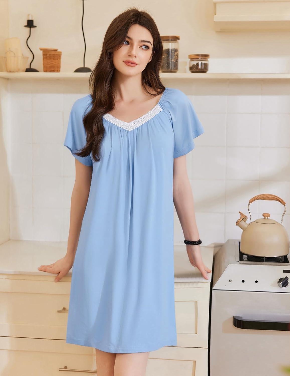imageEkouaer Womens Nightgown Lace Trim V Neck Sleep Shirt Flare Short Sleeve Night Gown Pleated Nightshirt Ladies NightdressClear Blue