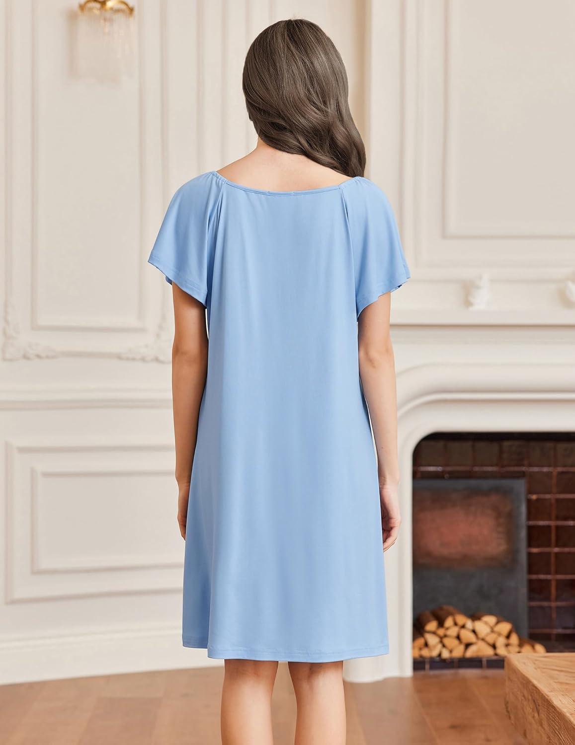 imageEkouaer Womens Nightgown Lace Trim V Neck Sleep Shirt Flare Short Sleeve Night Gown Pleated Nightshirt Ladies NightdressClear Blue