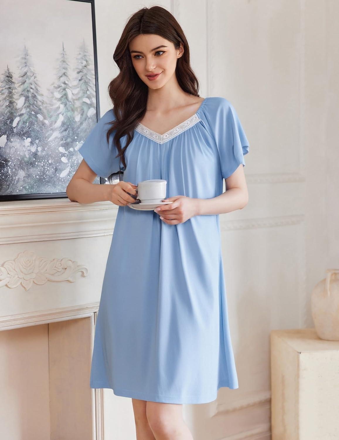 imageEkouaer Womens Nightgown Lace Trim V Neck Sleep Shirt Flare Short Sleeve Night Gown Pleated Nightshirt Ladies NightdressClear Blue
