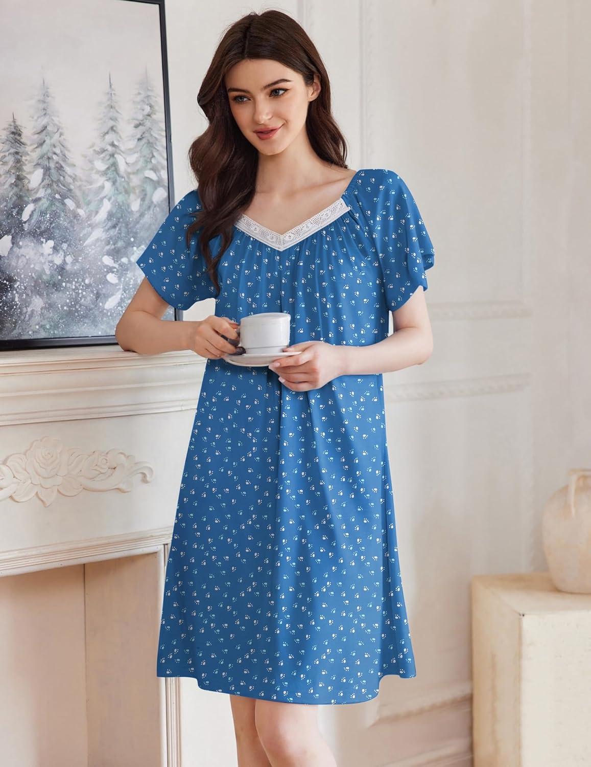 imageEkouaer Womens Nightgown Lace Trim V Neck Sleep Shirt Flare Short Sleeve Night Gown Pleated Nightshirt Ladies NightdressDog Paws Blue