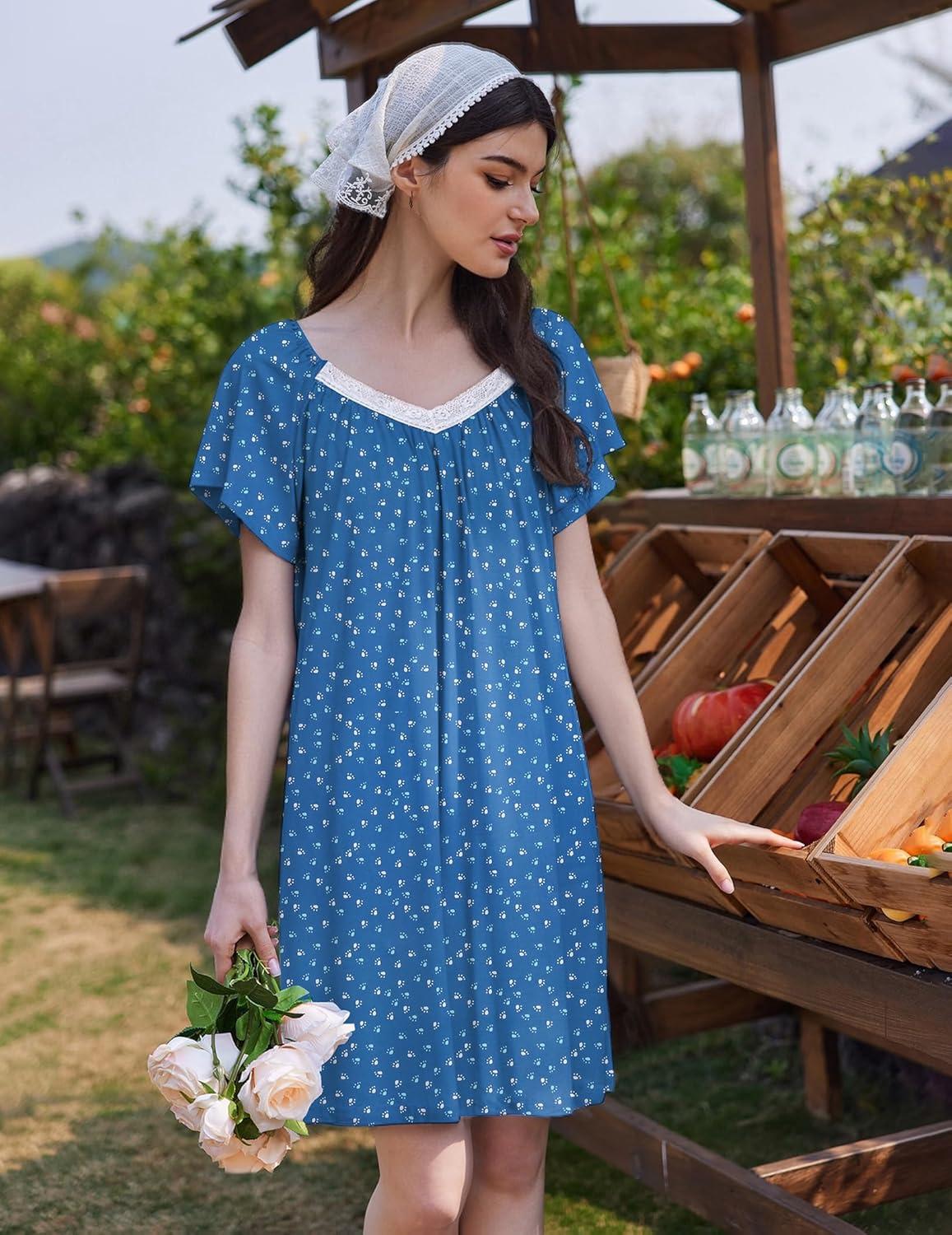 imageEkouaer Womens Nightgown Lace Trim V Neck Sleep Shirt Flare Short Sleeve Night Gown Pleated Nightshirt Ladies NightdressDog Paws Blue