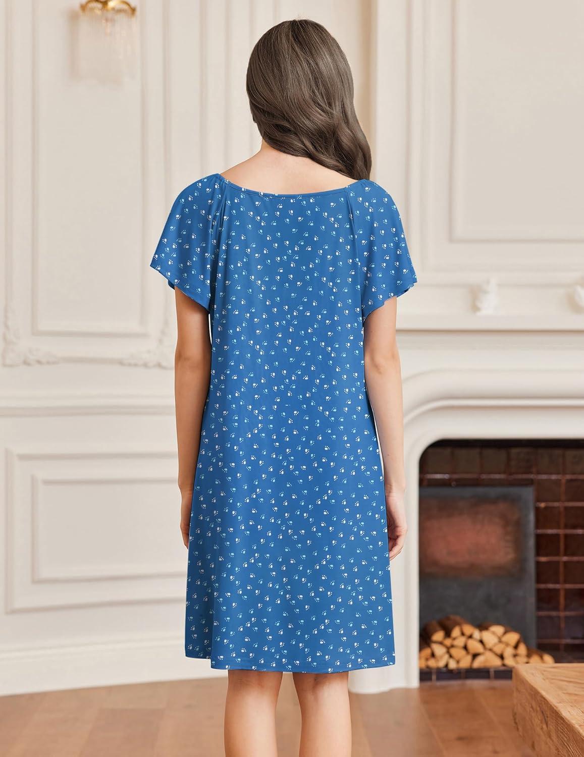 imageEkouaer Womens Nightgown Lace Trim V Neck Sleep Shirt Flare Short Sleeve Night Gown Pleated Nightshirt Ladies NightdressDog Paws Blue