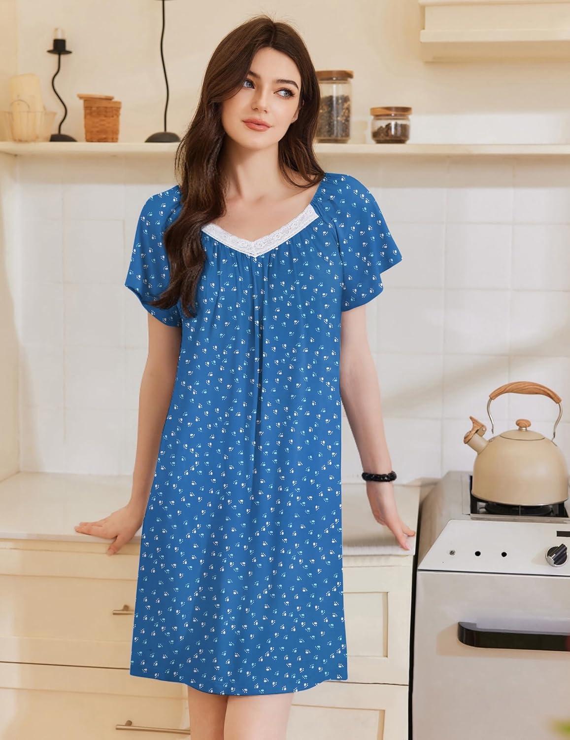 imageEkouaer Womens Nightgown Lace Trim V Neck Sleep Shirt Flare Short Sleeve Night Gown Pleated Nightshirt Ladies NightdressDog Paws Blue