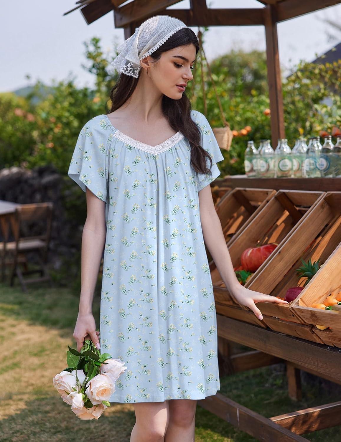 imageEkouaer Womens Nightgown Lace Trim V Neck Sleep Shirt Flare Short Sleeve Night Gown Pleated Nightshirt Ladies NightdressFloral Blue