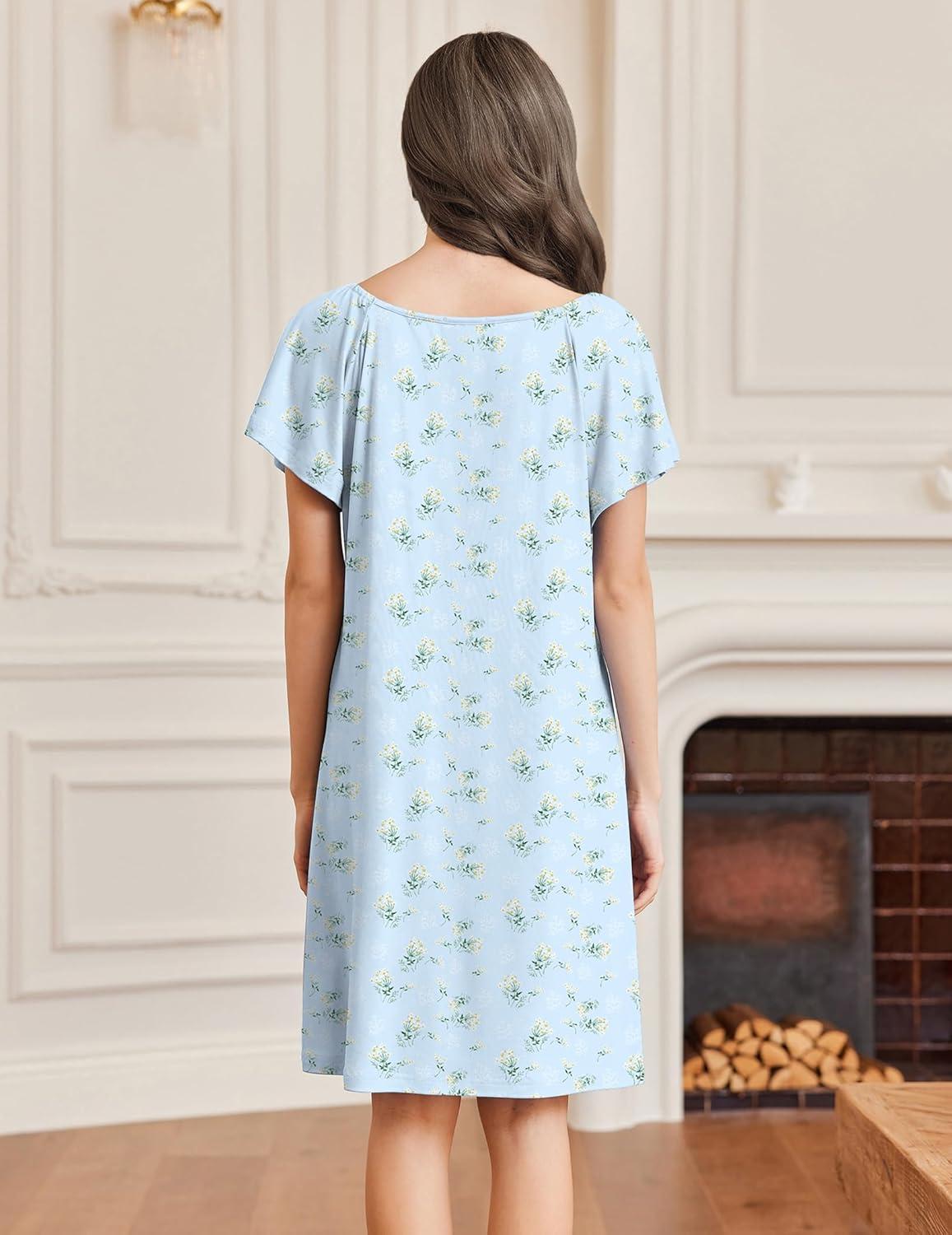 imageEkouaer Womens Nightgown Lace Trim V Neck Sleep Shirt Flare Short Sleeve Night Gown Pleated Nightshirt Ladies NightdressFloral Blue