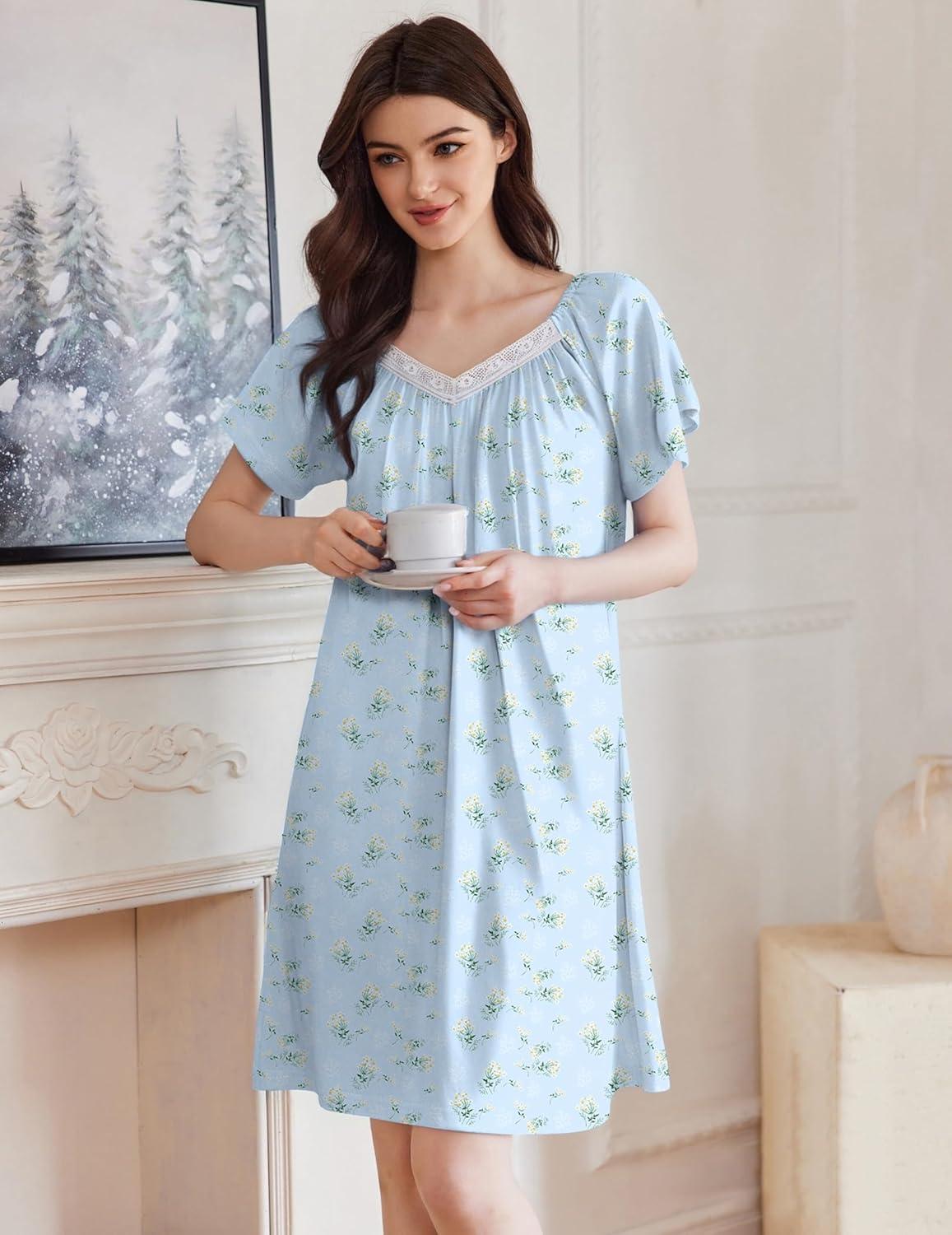 imageEkouaer Womens Nightgown Lace Trim V Neck Sleep Shirt Flare Short Sleeve Night Gown Pleated Nightshirt Ladies NightdressFloral Blue