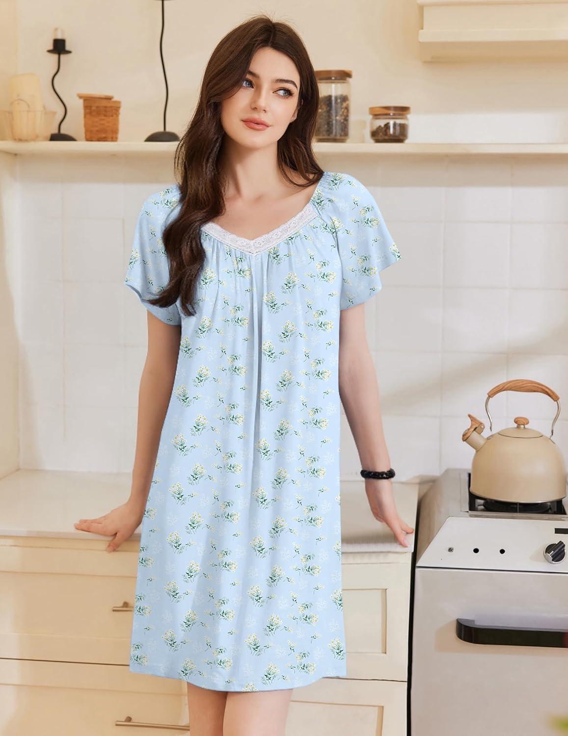 imageEkouaer Womens Nightgown Lace Trim V Neck Sleep Shirt Flare Short Sleeve Night Gown Pleated Nightshirt Ladies NightdressFloral Blue