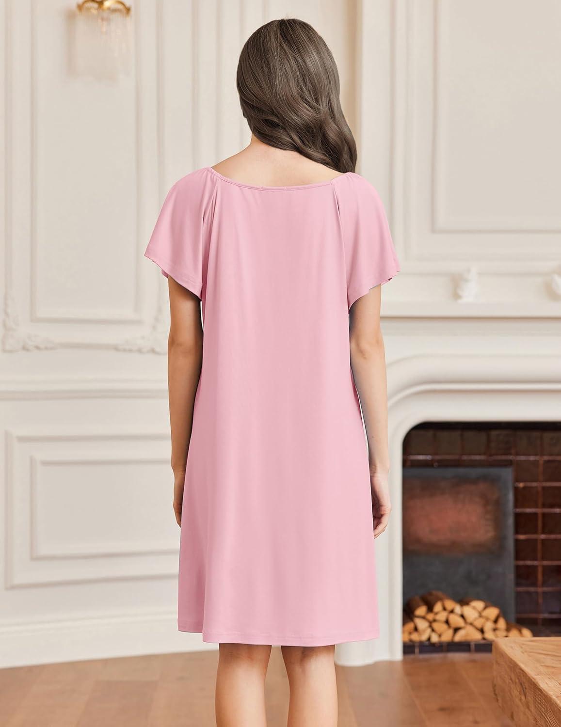 imageEkouaer Womens Nightgown Lace Trim V Neck Sleep Shirt Flare Short Sleeve Night Gown Pleated Nightshirt Ladies NightdressMisty Rose