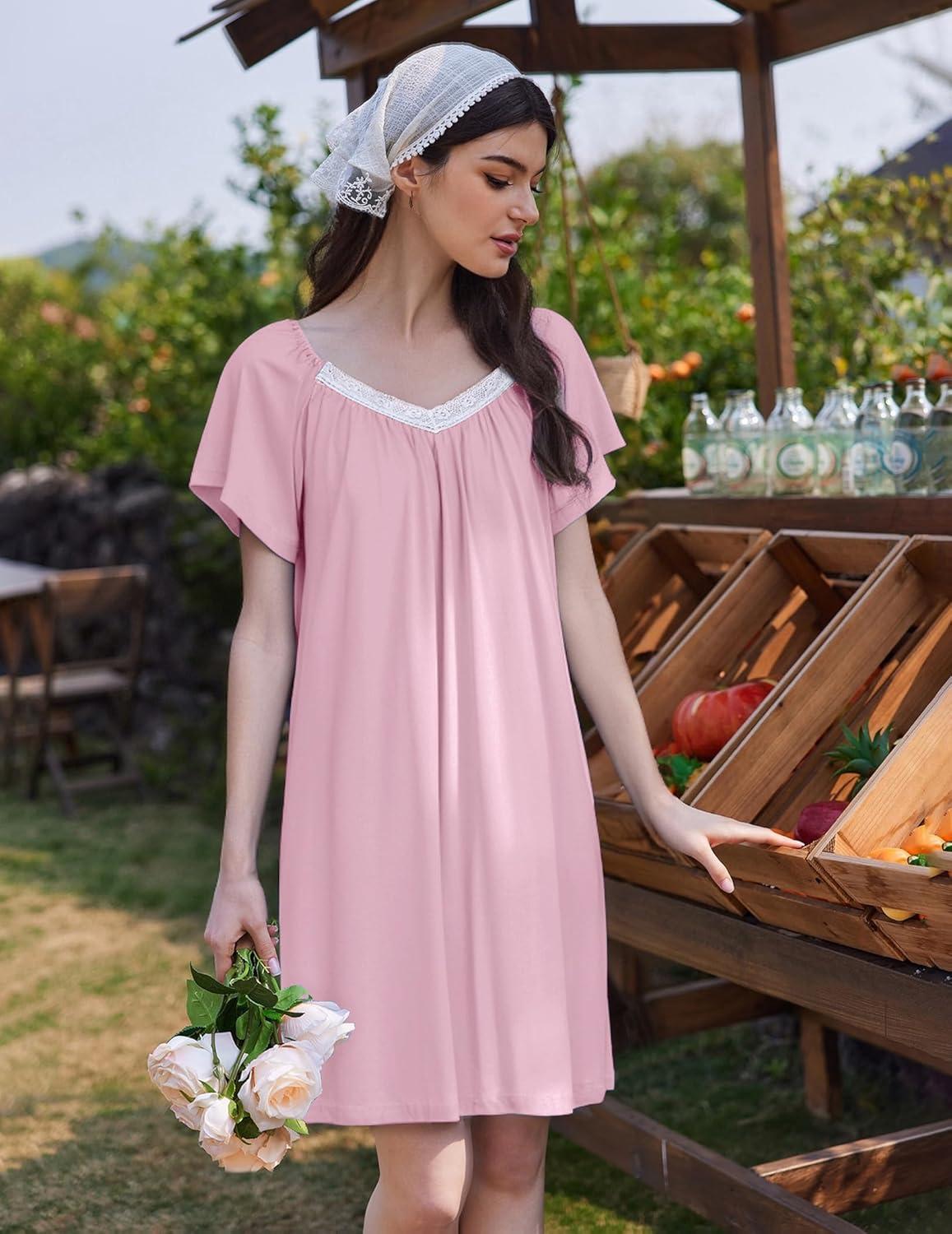 imageEkouaer Womens Nightgown Lace Trim V Neck Sleep Shirt Flare Short Sleeve Night Gown Pleated Nightshirt Ladies NightdressMisty Rose