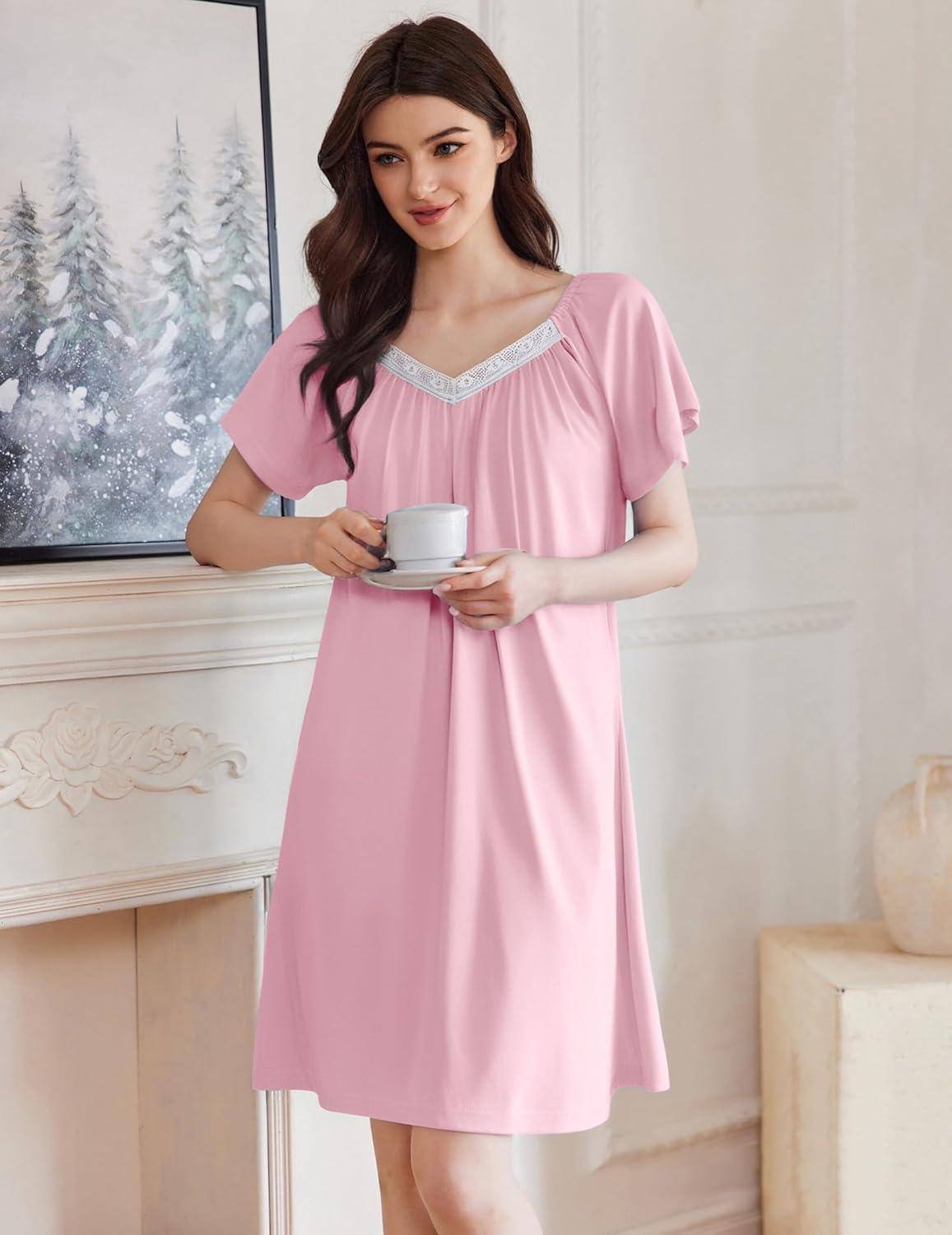 imageEkouaer Womens Nightgown Lace Trim V Neck Sleep Shirt Flare Short Sleeve Night Gown Pleated Nightshirt Ladies NightdressMisty Rose