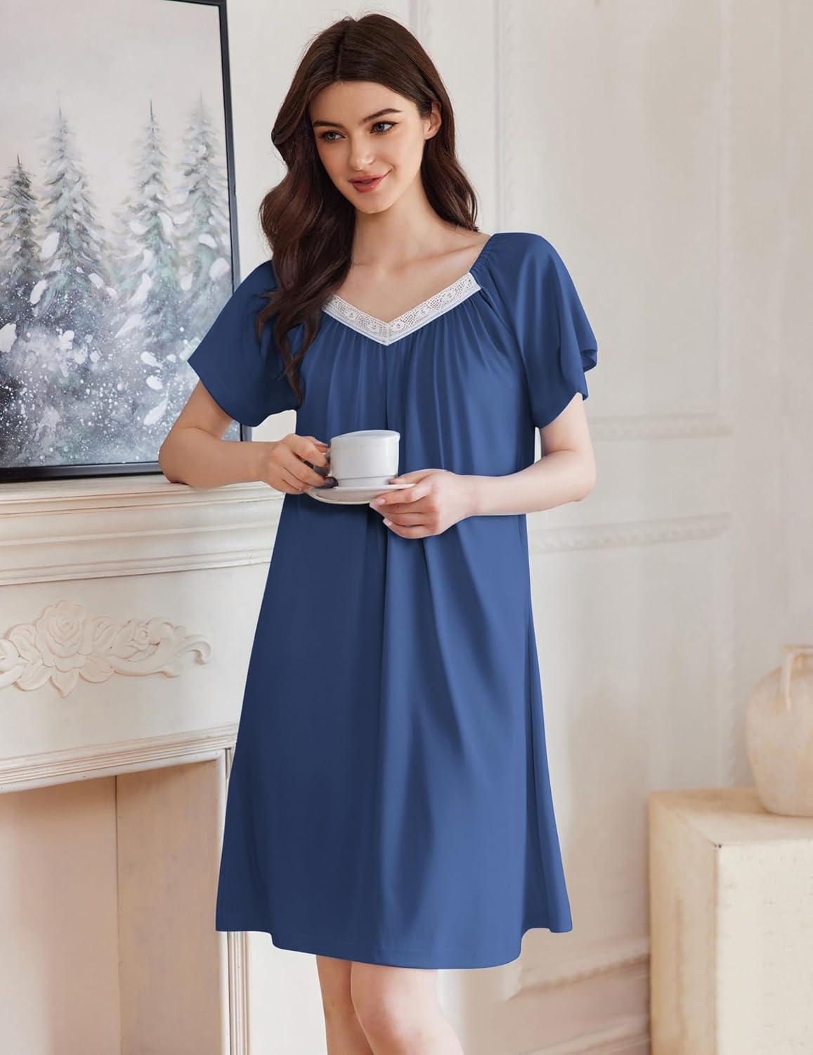 imageEkouaer Womens Nightgown Lace Trim V Neck Sleep Shirt Flare Short Sleeve Night Gown Pleated Nightshirt Ladies NightdressNavy Blue