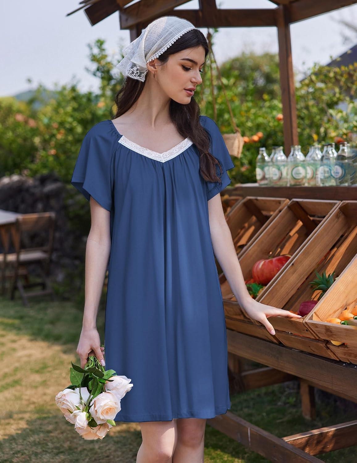 imageEkouaer Womens Nightgown Lace Trim V Neck Sleep Shirt Flare Short Sleeve Night Gown Pleated Nightshirt Ladies NightdressNavy Blue