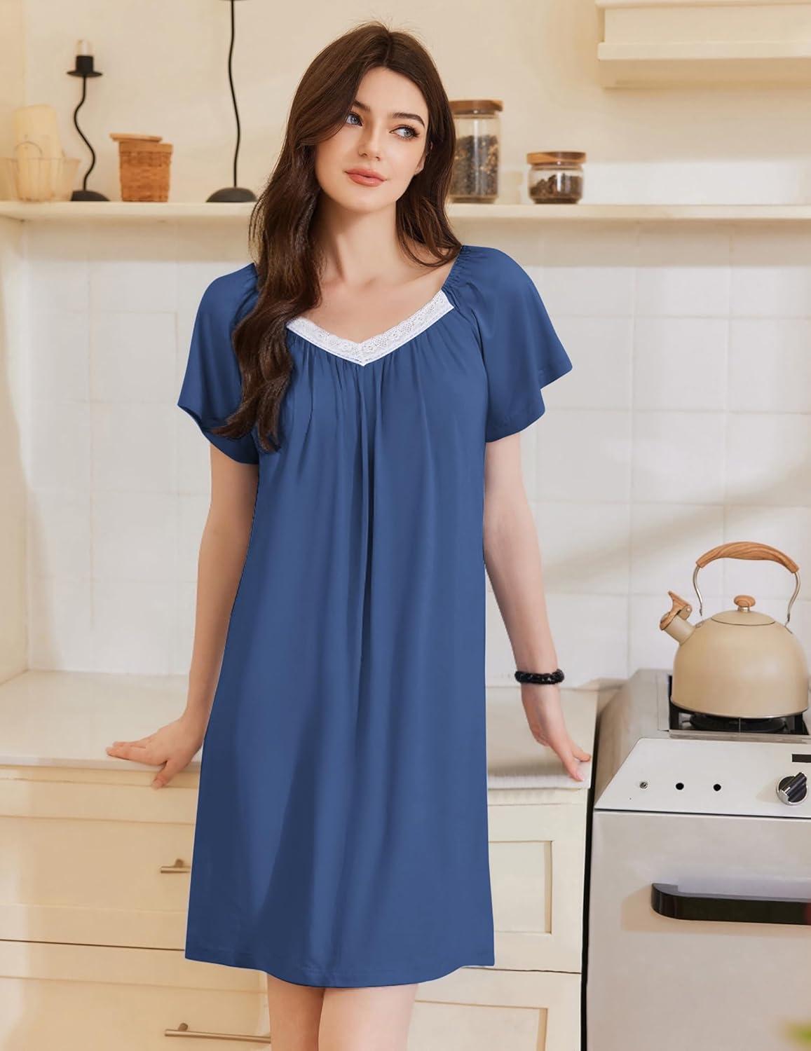 imageEkouaer Womens Nightgown Lace Trim V Neck Sleep Shirt Flare Short Sleeve Night Gown Pleated Nightshirt Ladies NightdressNavy Blue