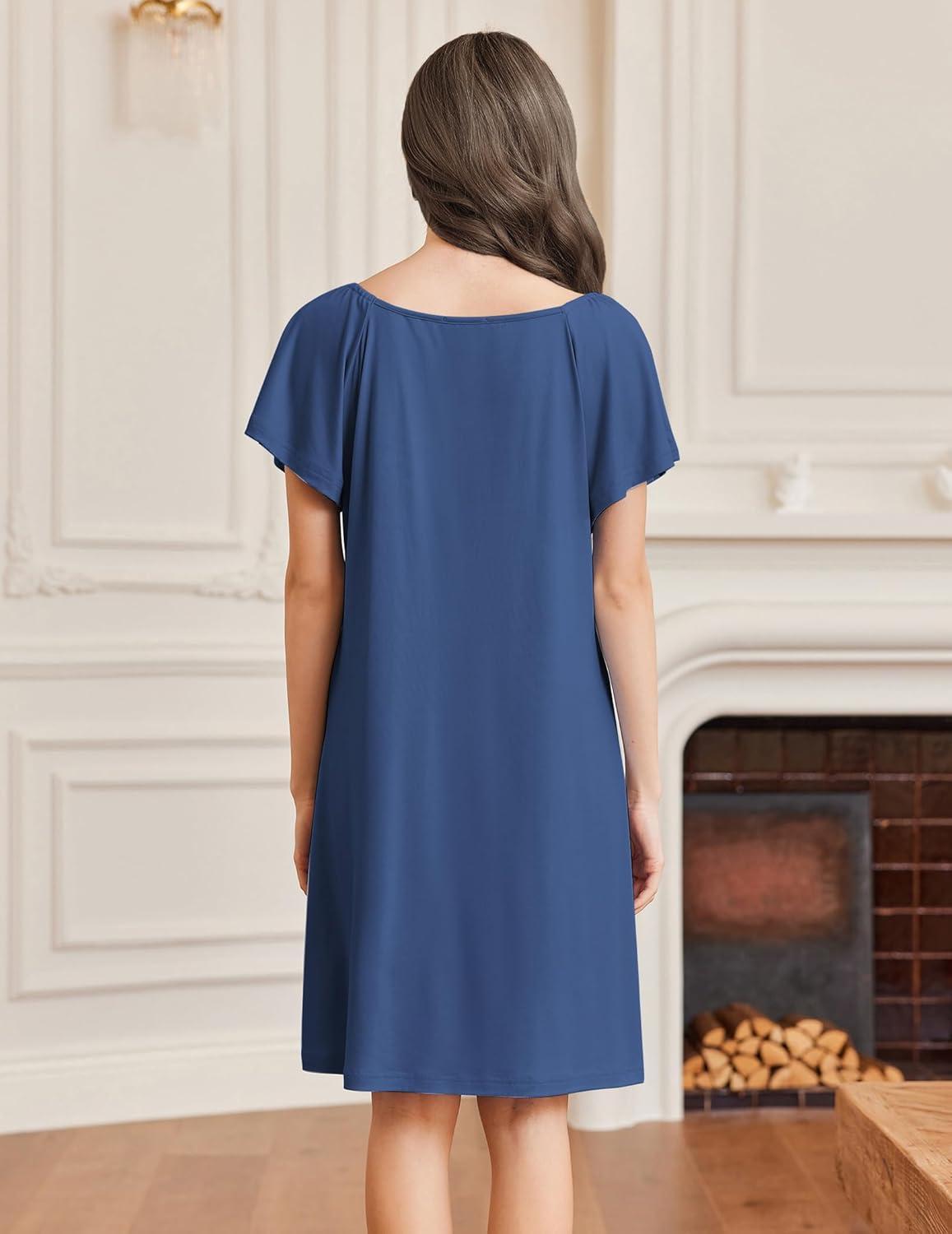 imageEkouaer Womens Nightgown Lace Trim V Neck Sleep Shirt Flare Short Sleeve Night Gown Pleated Nightshirt Ladies NightdressNavy Blue