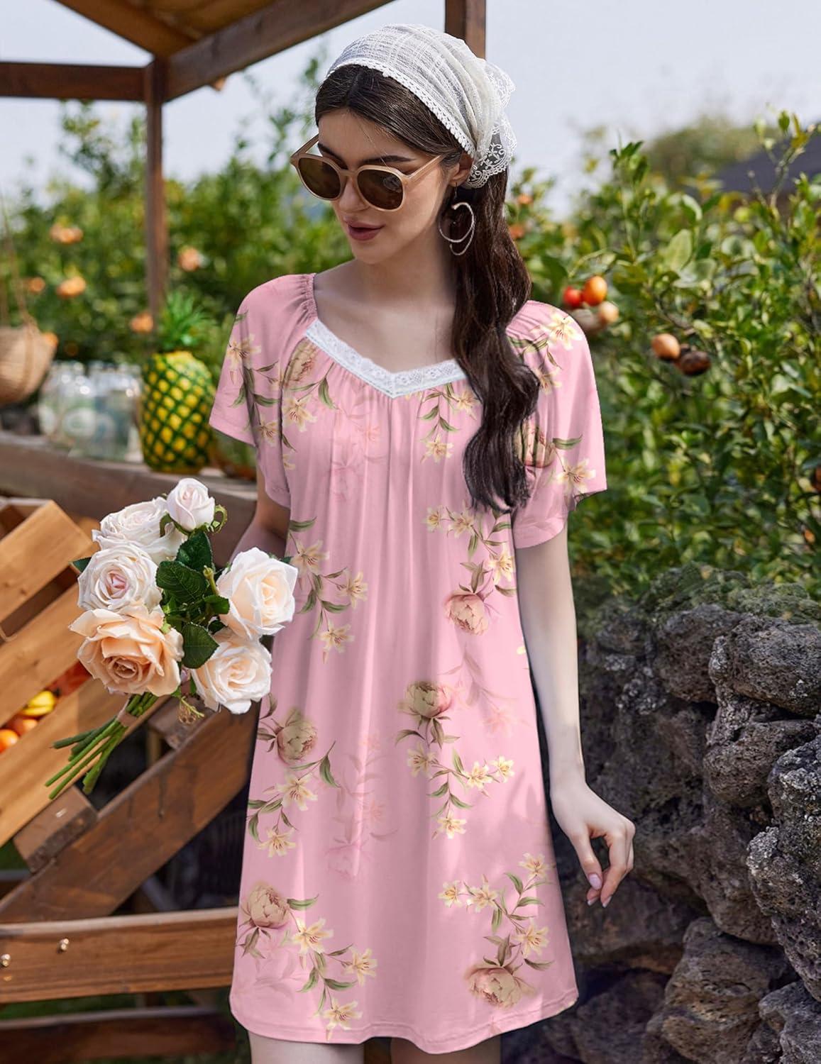 imageEkouaer Womens Nightgown Lace Trim V Neck Sleep Shirt Flare Short Sleeve Night Gown Pleated Nightshirt Ladies NightdressPink Flower