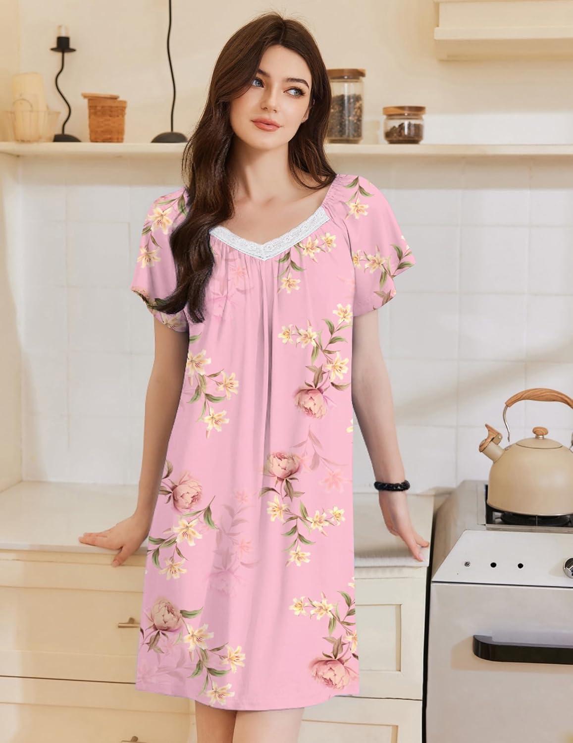 imageEkouaer Womens Nightgown Lace Trim V Neck Sleep Shirt Flare Short Sleeve Night Gown Pleated Nightshirt Ladies NightdressPink Flower