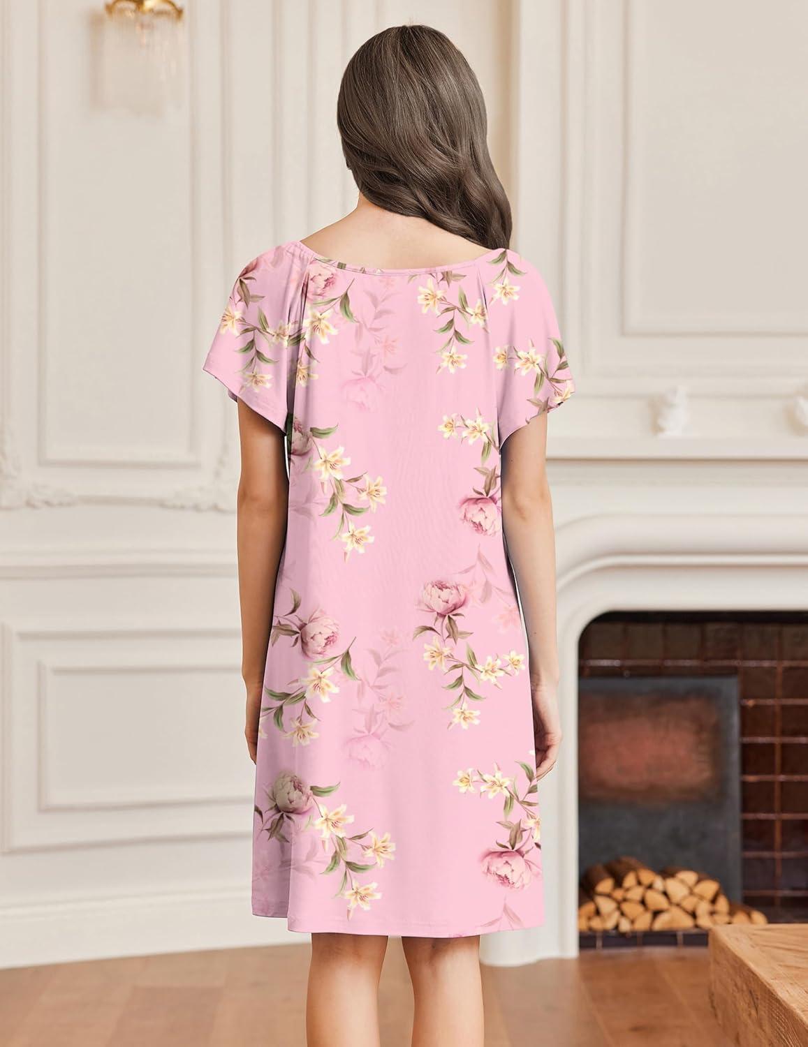 imageEkouaer Womens Nightgown Lace Trim V Neck Sleep Shirt Flare Short Sleeve Night Gown Pleated Nightshirt Ladies NightdressPink Flower