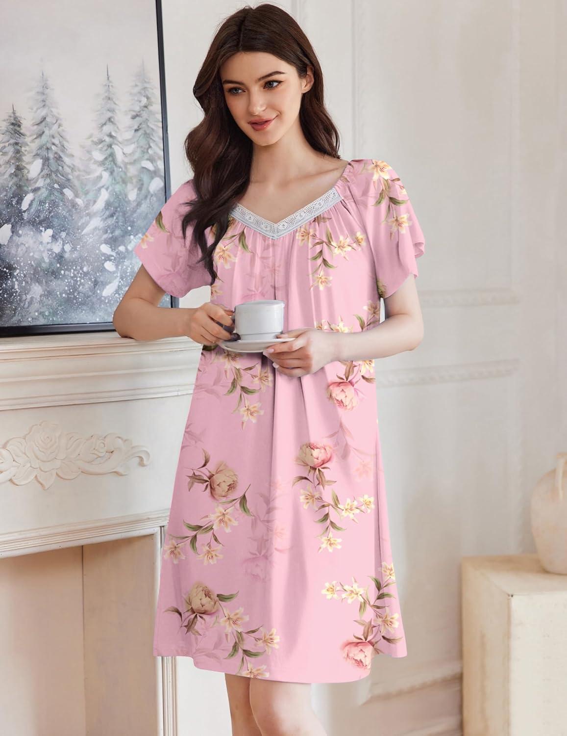 imageEkouaer Womens Nightgown Lace Trim V Neck Sleep Shirt Flare Short Sleeve Night Gown Pleated Nightshirt Ladies NightdressPink Flower