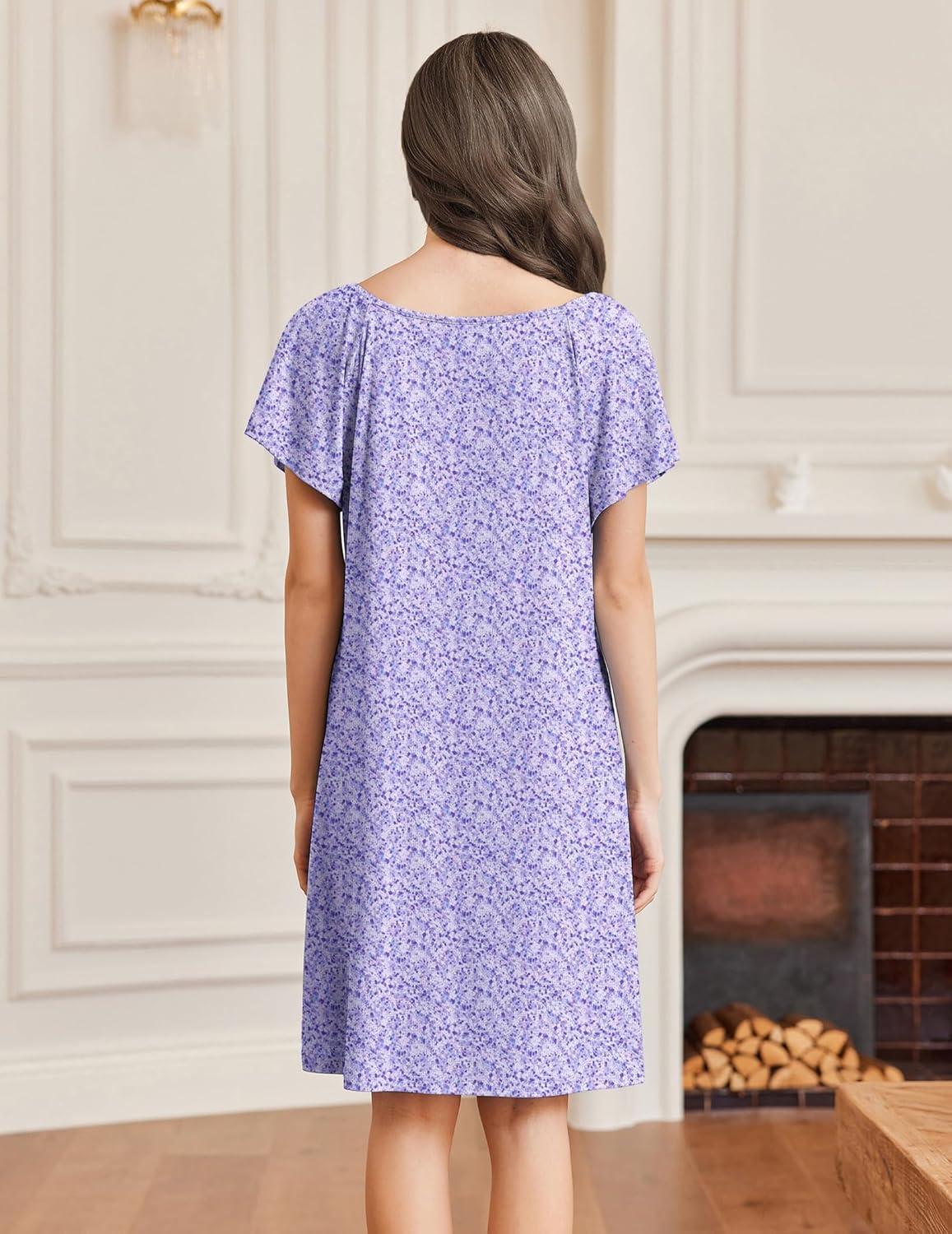 imageEkouaer Womens Nightgown Lace Trim V Neck Sleep Shirt Flare Short Sleeve Night Gown Pleated Nightshirt Ladies NightdressPurple Floral