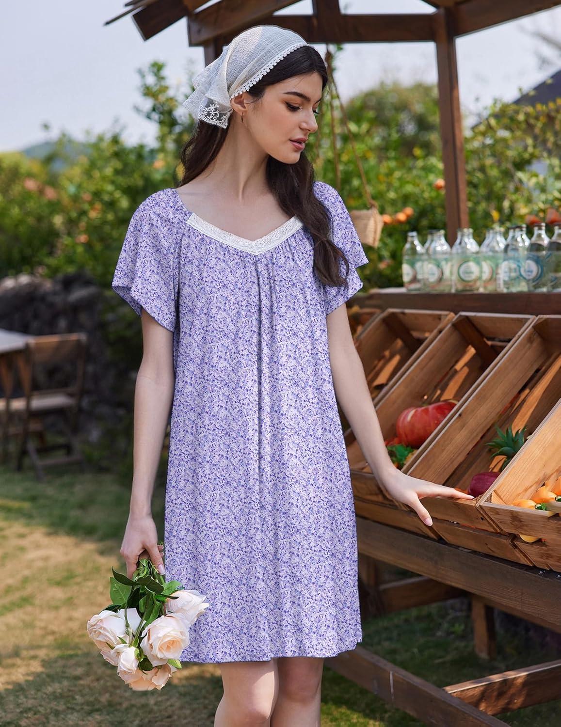 imageEkouaer Womens Nightgown Lace Trim V Neck Sleep Shirt Flare Short Sleeve Night Gown Pleated Nightshirt Ladies NightdressPurple Floral
