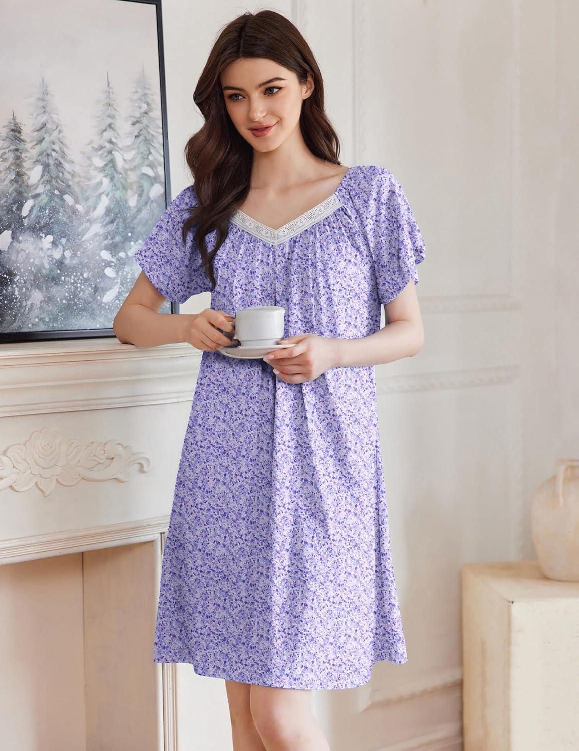 imageEkouaer Womens Nightgown Lace Trim V Neck Sleep Shirt Flare Short Sleeve Night Gown Pleated Nightshirt Ladies NightdressPurple Floral