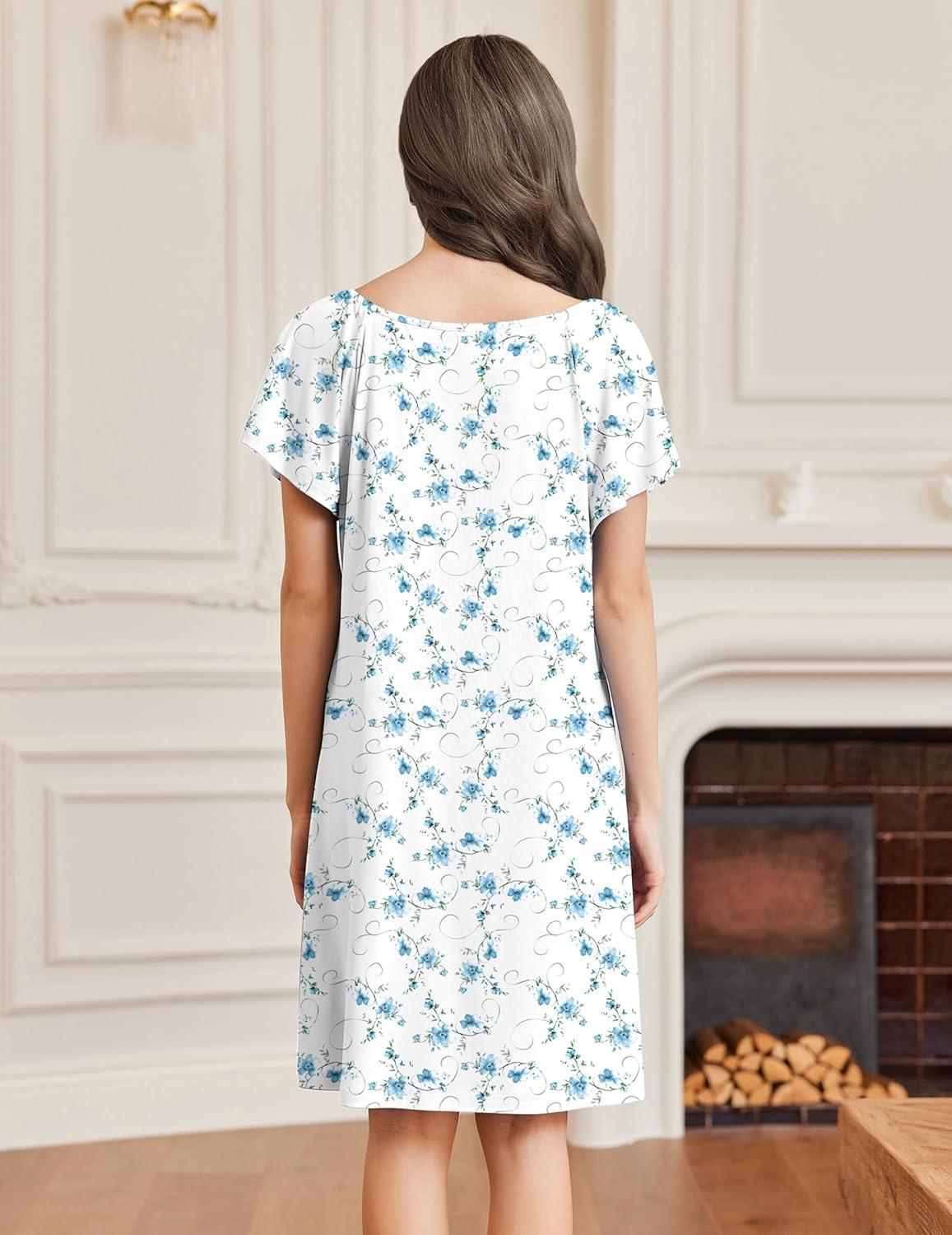 imageEkouaer Womens Nightgown Lace Trim V Neck Sleep Shirt Flare Short Sleeve Night Gown Pleated Nightshirt Ladies NightdressWhite Blue Floral